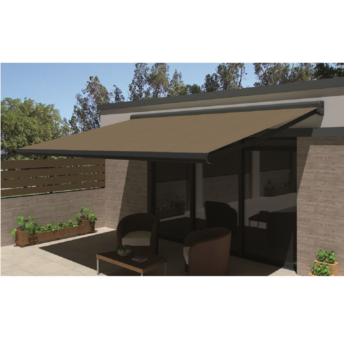 INTERSUN Store motorisé 6x3.5m OPTIMA toile unie coffre intégral gris 