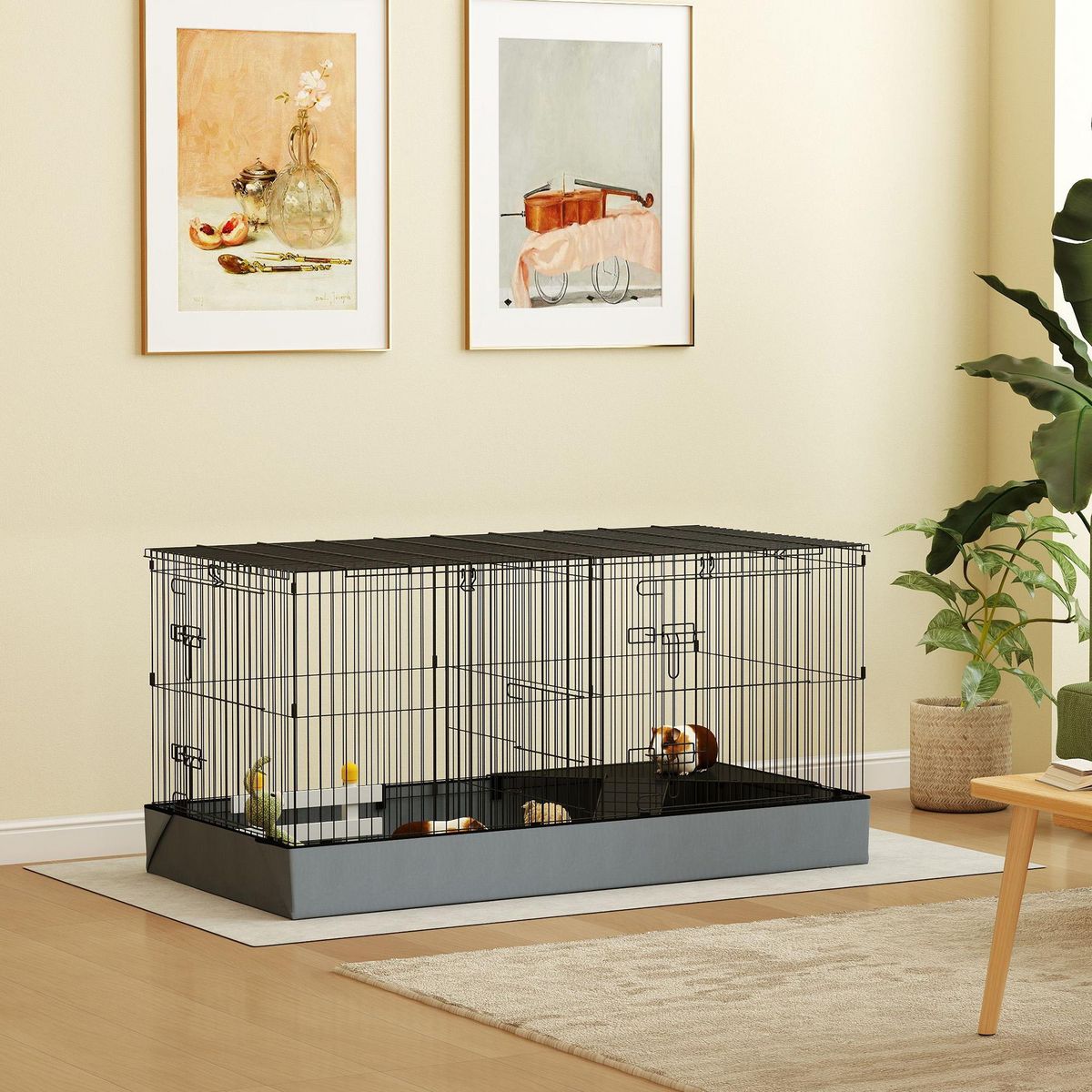 PAWHUT Cage pour cochon d'inde avec séparation 2 zones - plateforme observation, rampe, portes - acier noir PVC tissu gris