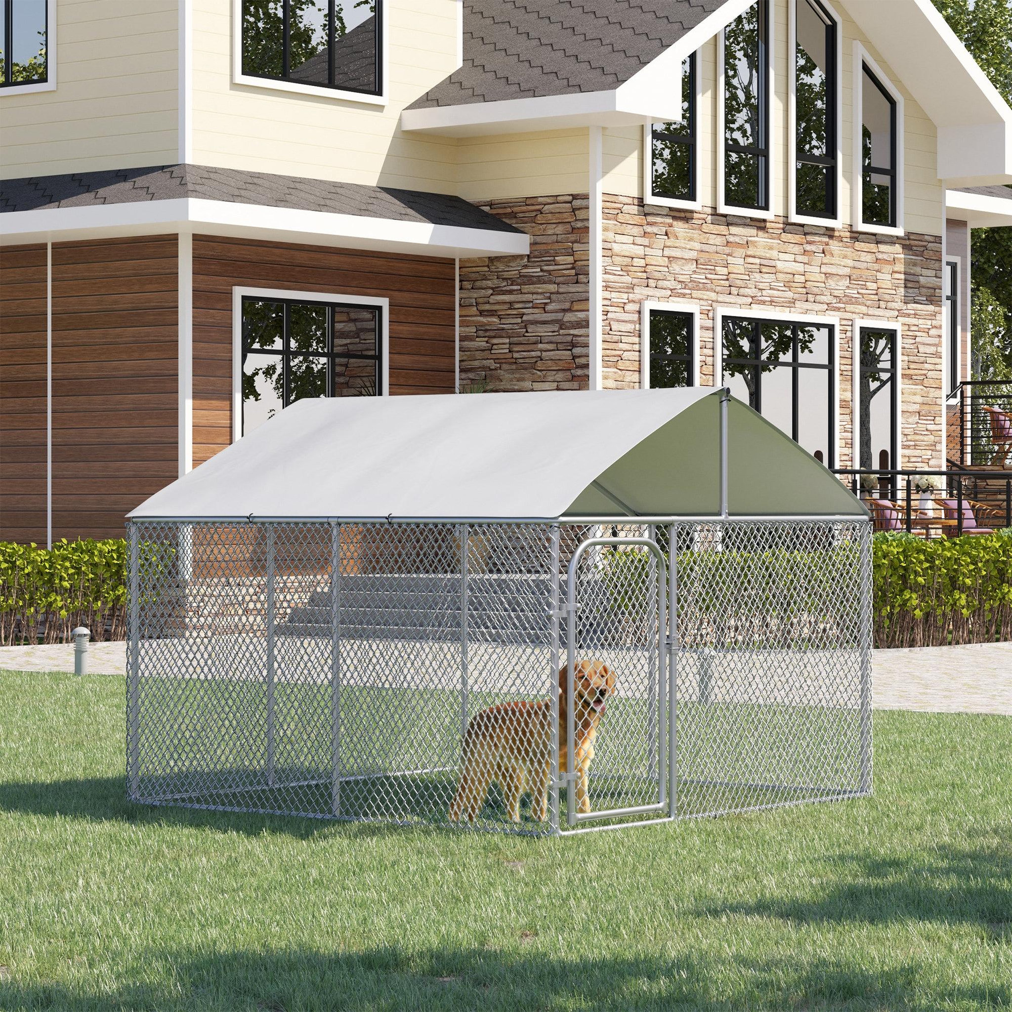 Voir la diapositive 2 : PAWHUT Chenil extérieur avec toit pour chien 5 m² - parc grillagé 230 x 230 x 175 cm - espace couvert - acier galvanisé