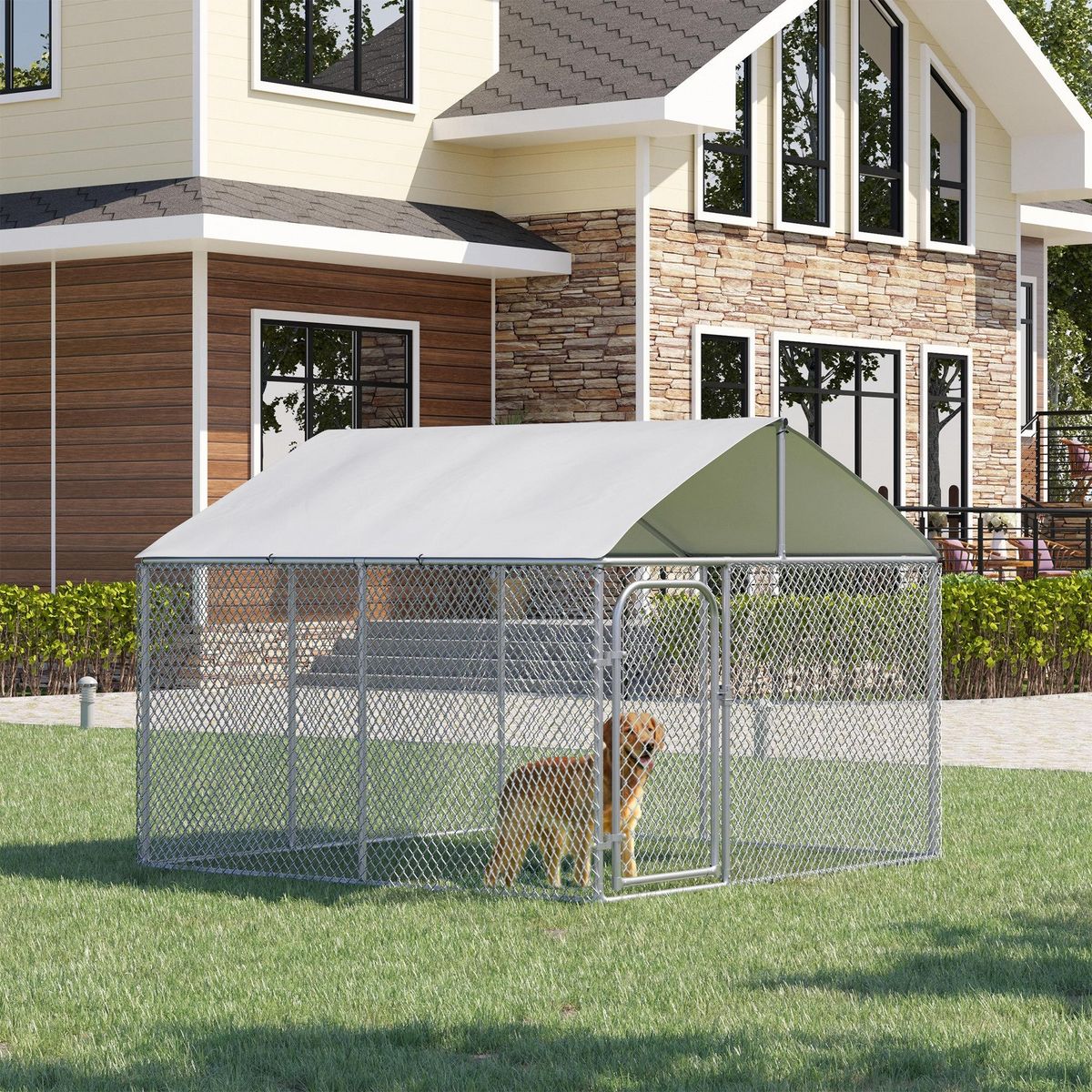 PAWHUT Chenil extérieur avec toit pour chien 5 m² - parc grillagé 230 x 230 x 175 cm - espace couvert - acier galvanisé