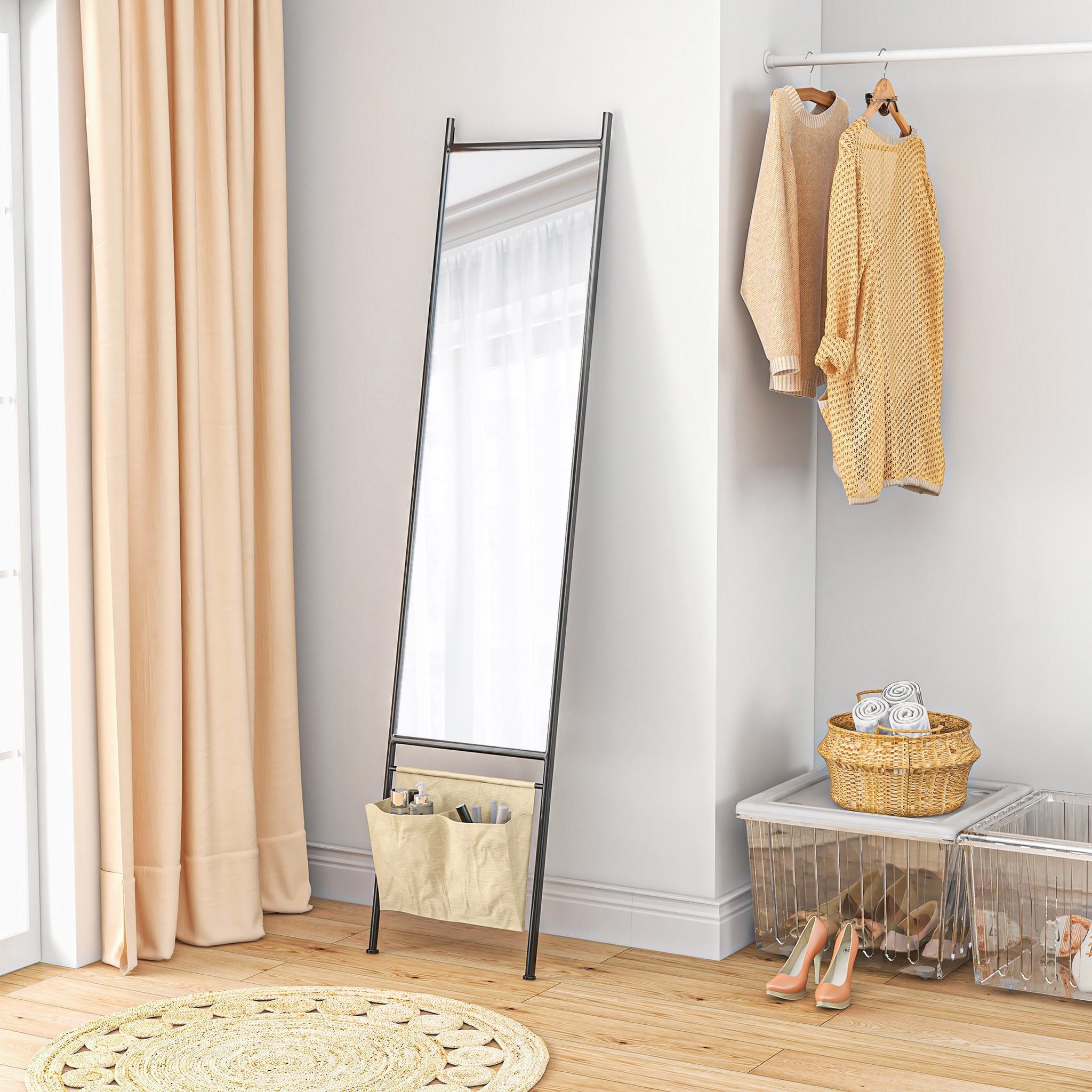 Voir la diapositive 5 : HOMCOM Miroir rectangulaire sur pied dim. 56L x 2l x 190H cm - 2 pochettes rangement - métal noir