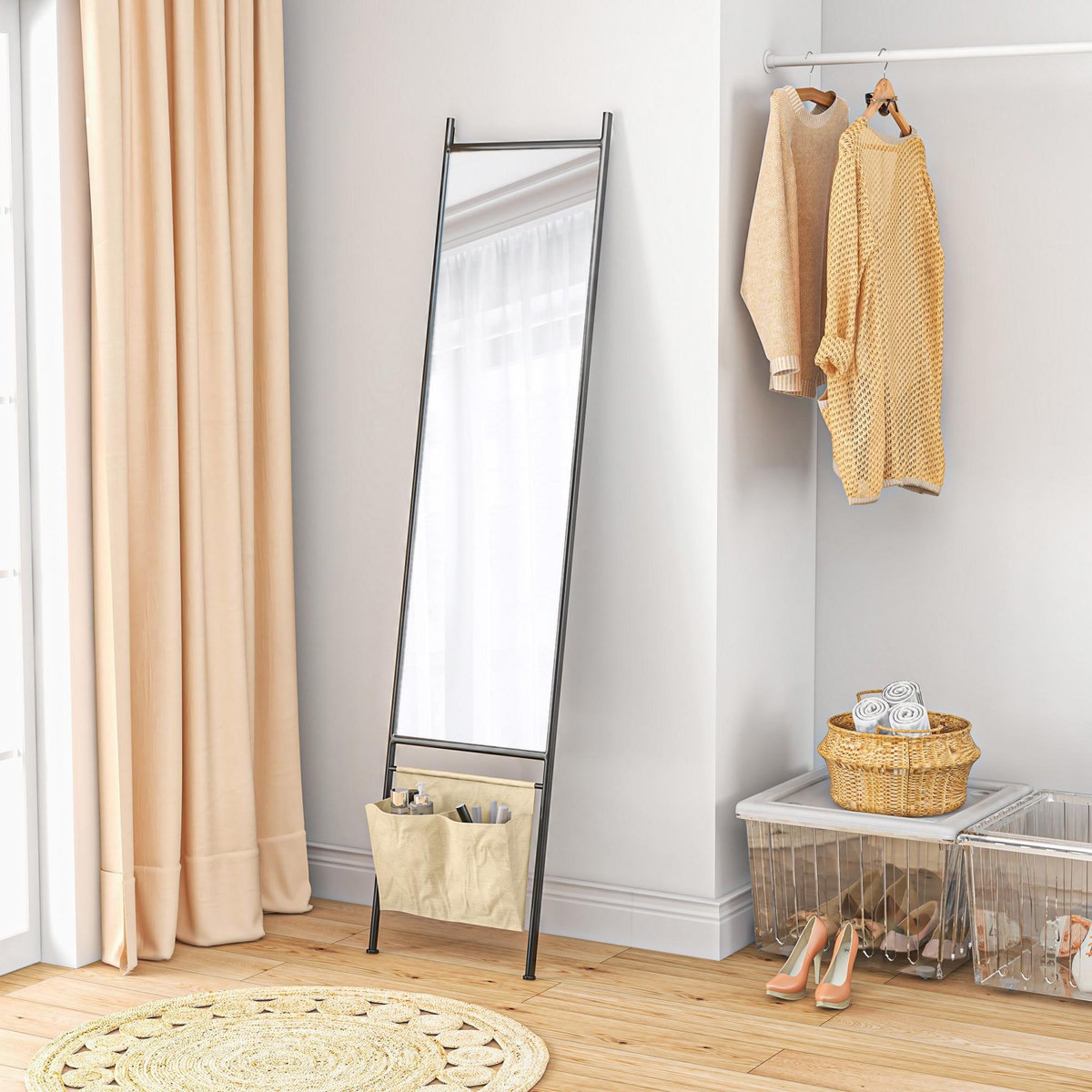 HOMCOM Miroir rectangulaire sur pied dim. 56L x 2l x 190H cm - 2 pochettes rangement - métal noir