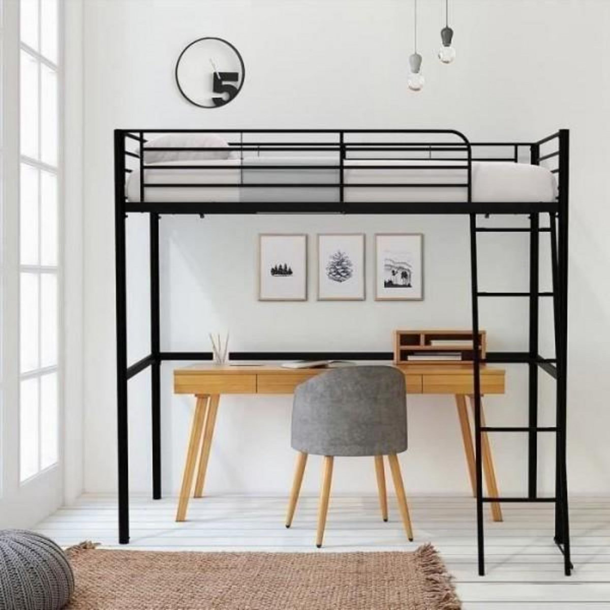 MARKET24 Lit mezzanine enfant ELIOT en métal noir 90x190cm avec sommier inclus