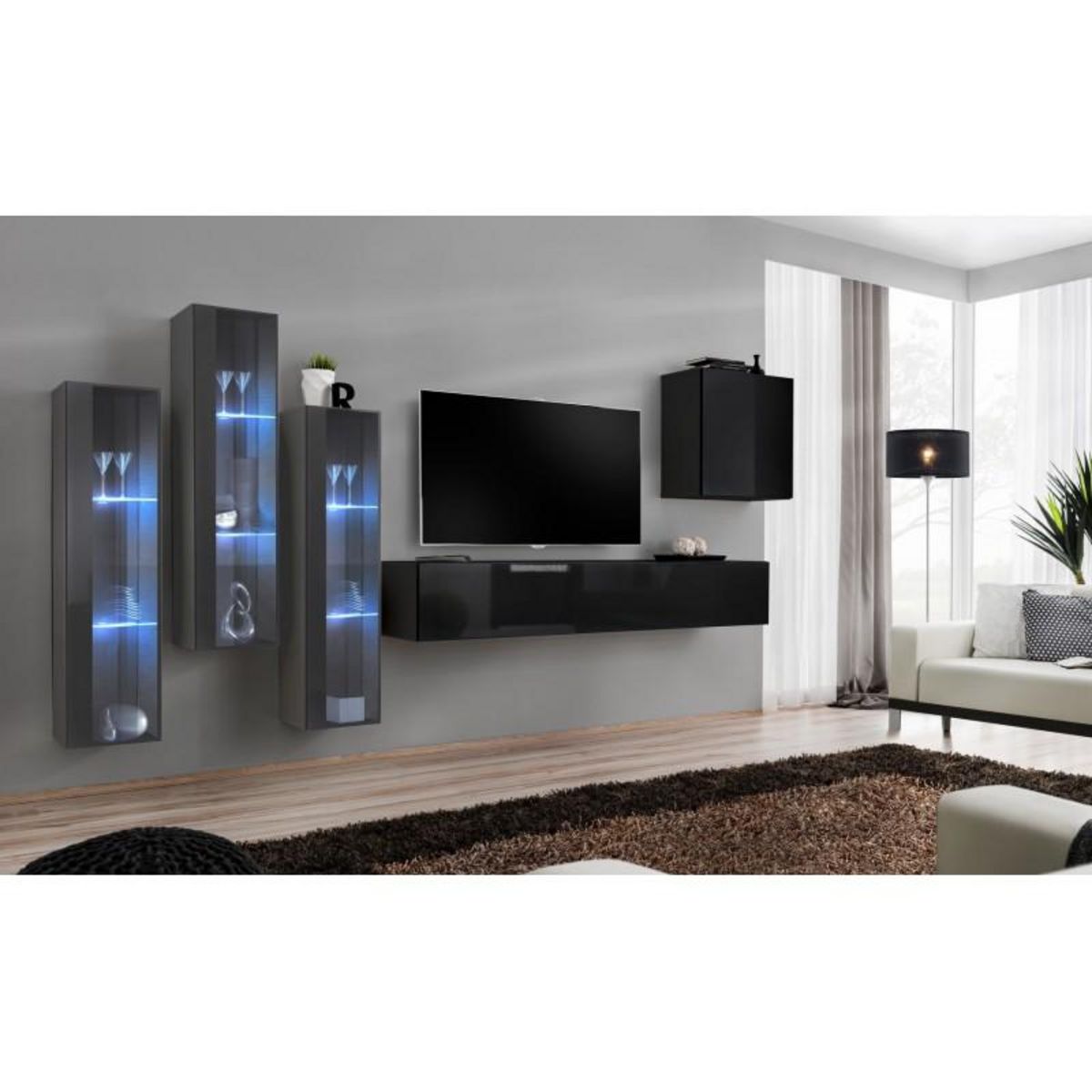 Paris Prix Meuble TV Mural Design  Switch XIII  330cm Gris & Noir