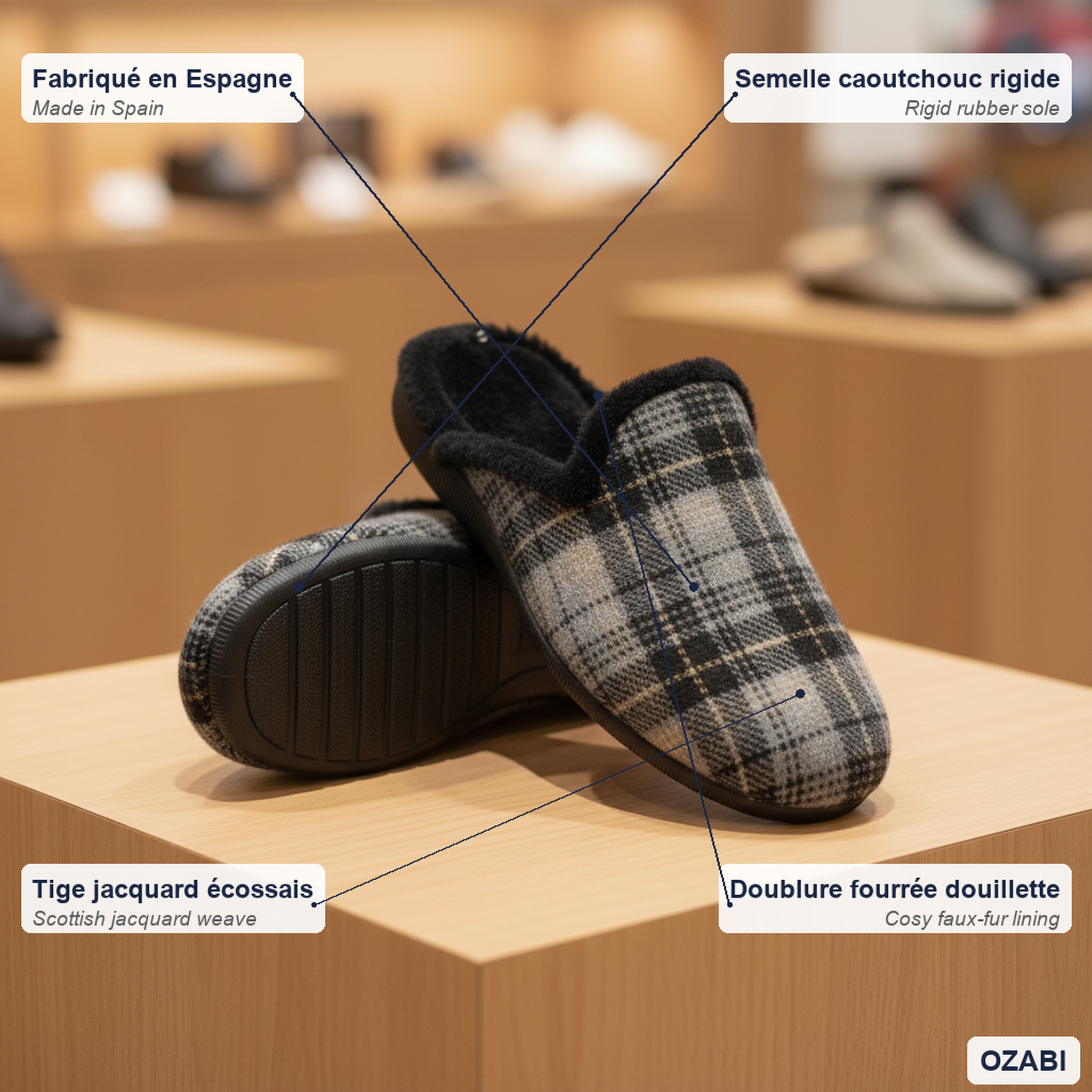 Voir la diapositive 4 : OZABI Ozabi pantoufles mules homme fabriquées en espagne, tige jacquard écossais