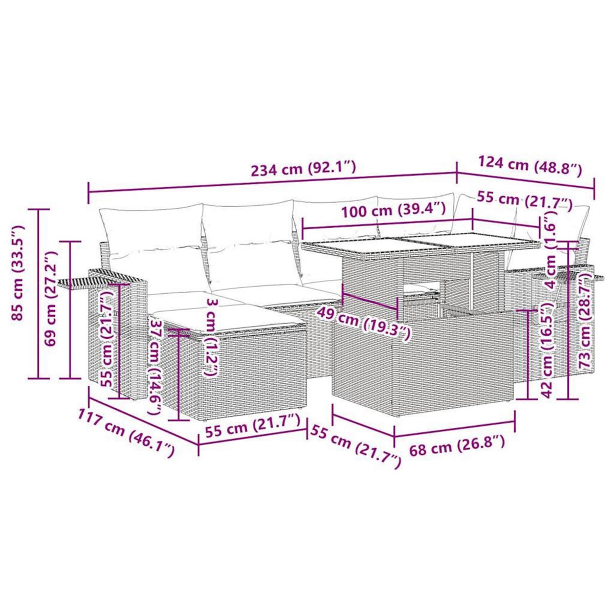 VIDAXL Salon de jardin avec coussins 7 pcs gris resine tressee