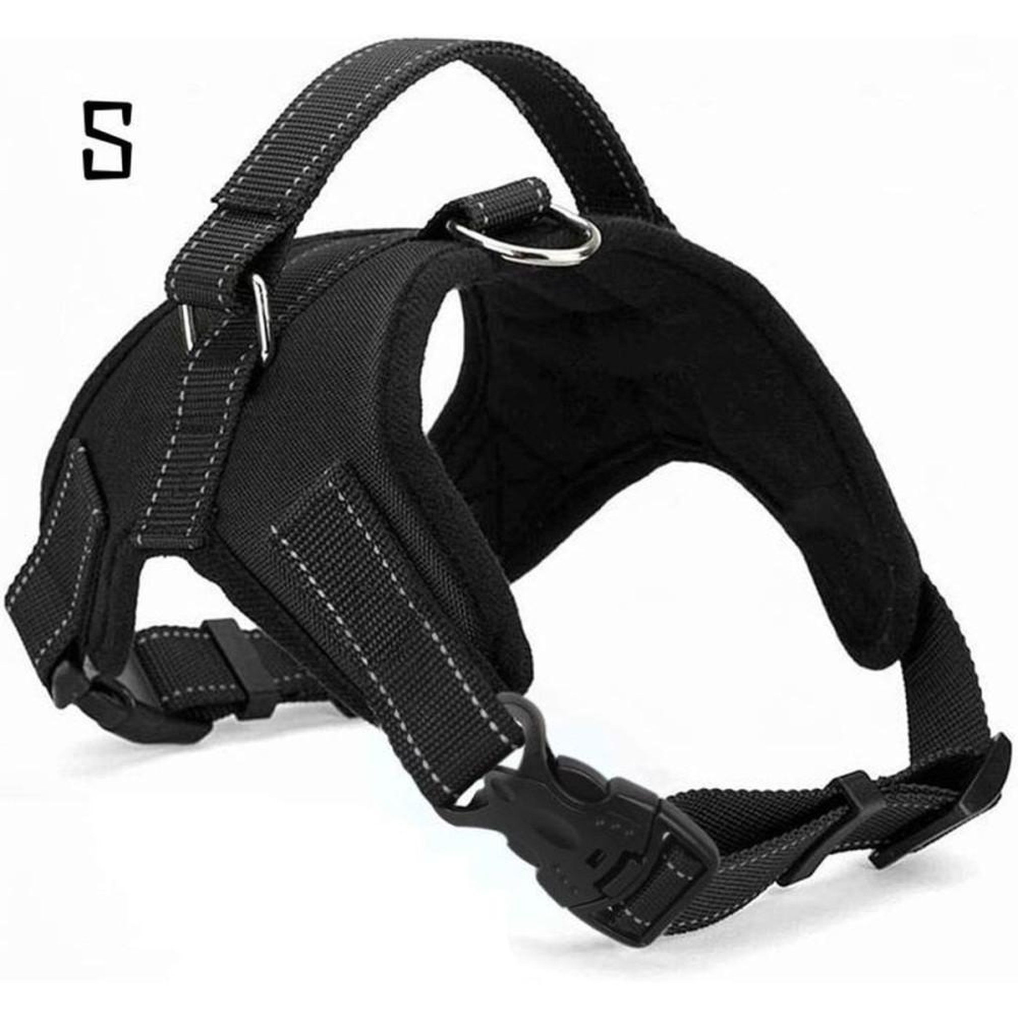 Harnais pour chien sans traction taille S noir en tissu Oxford, poignée supérieure rembourrée, bretelles nylon et lanières réfléchissantes