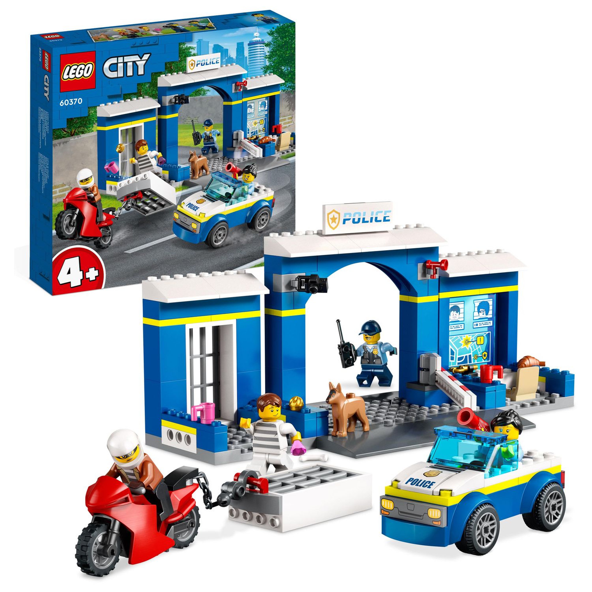 Voir la diapositive 2 : LEGO City 60370 La course poursuite au poste de police, Voiture Jouet et Moto, Prison, 4 Minifigurines et Figurine de Chien, Évasion Prison