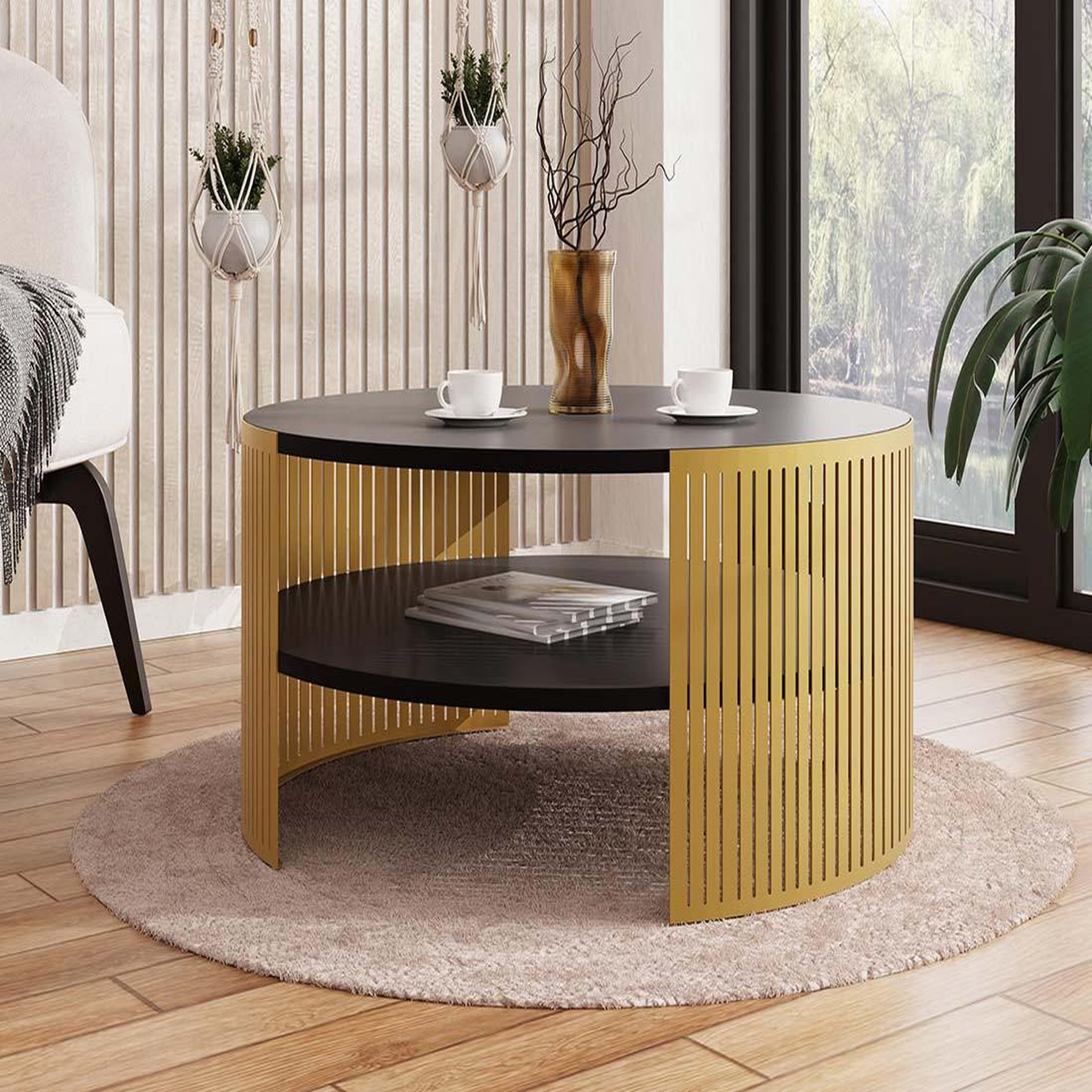 Voir la diapositive 3 : BEST MOBILIER Cruz - table basse ronde - noir et doré - 1 niche - 75 cm