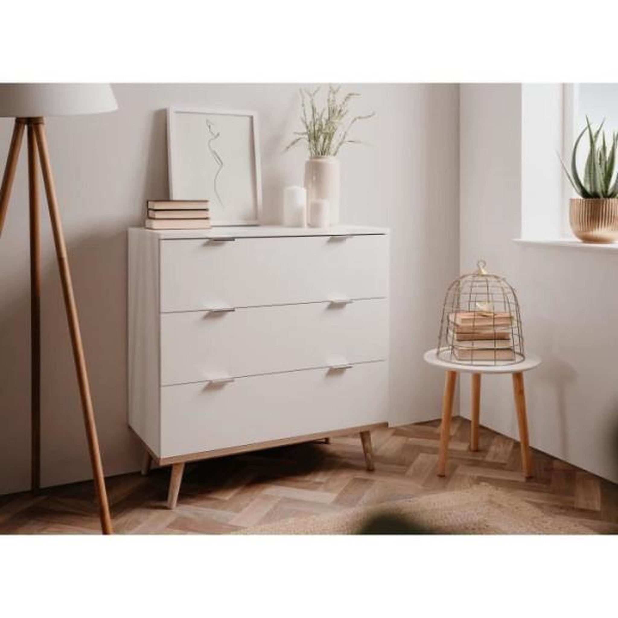 Voir la diapositive 2 : MARKET24 Commode Göteborg - 3 tiroirs - Décor chene sonoma Blanc - Scandinave - L 79,8 x P 40 x H 86,5 cm