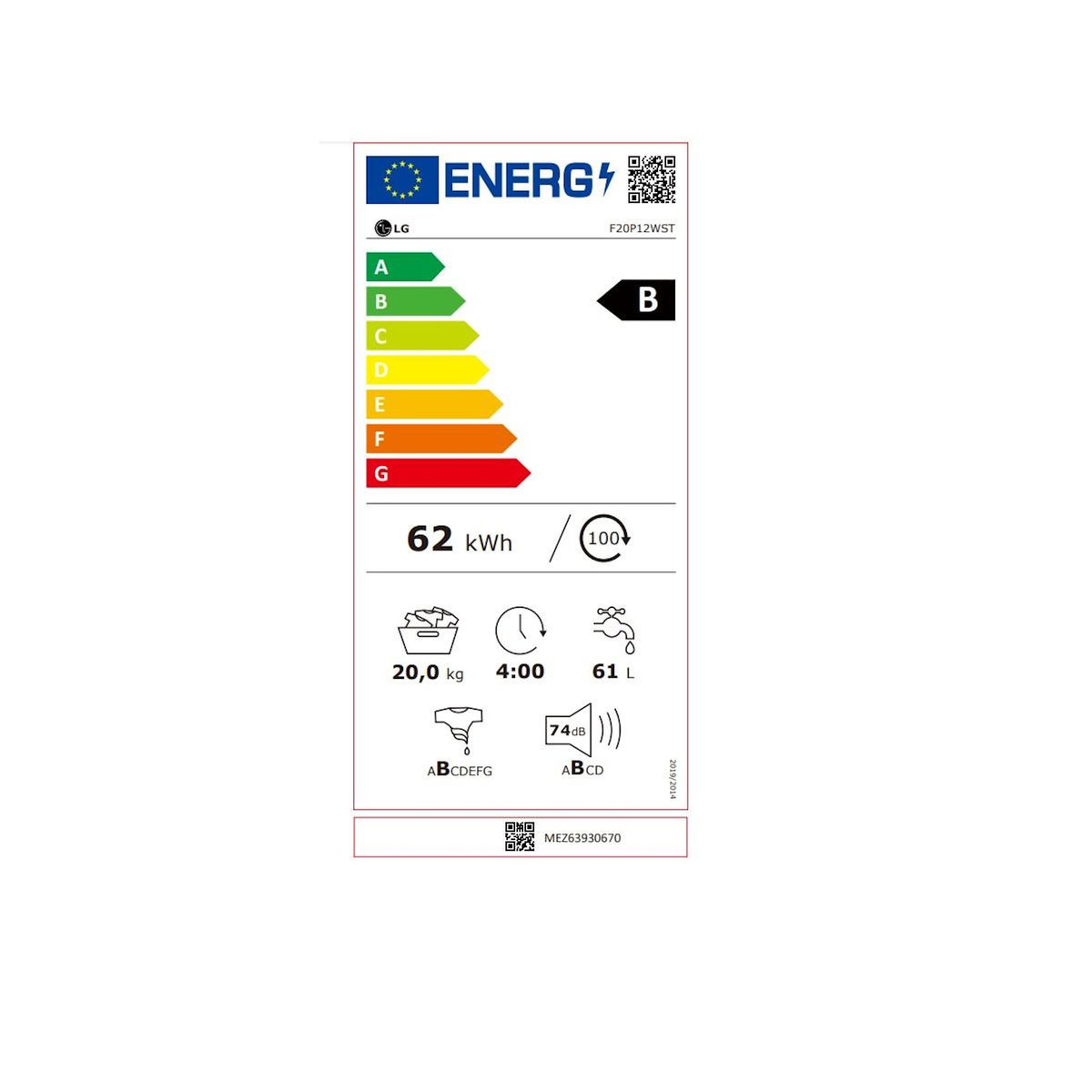 LG Lave-linge frontal  20kg 1000 tours/min - F20P12WST