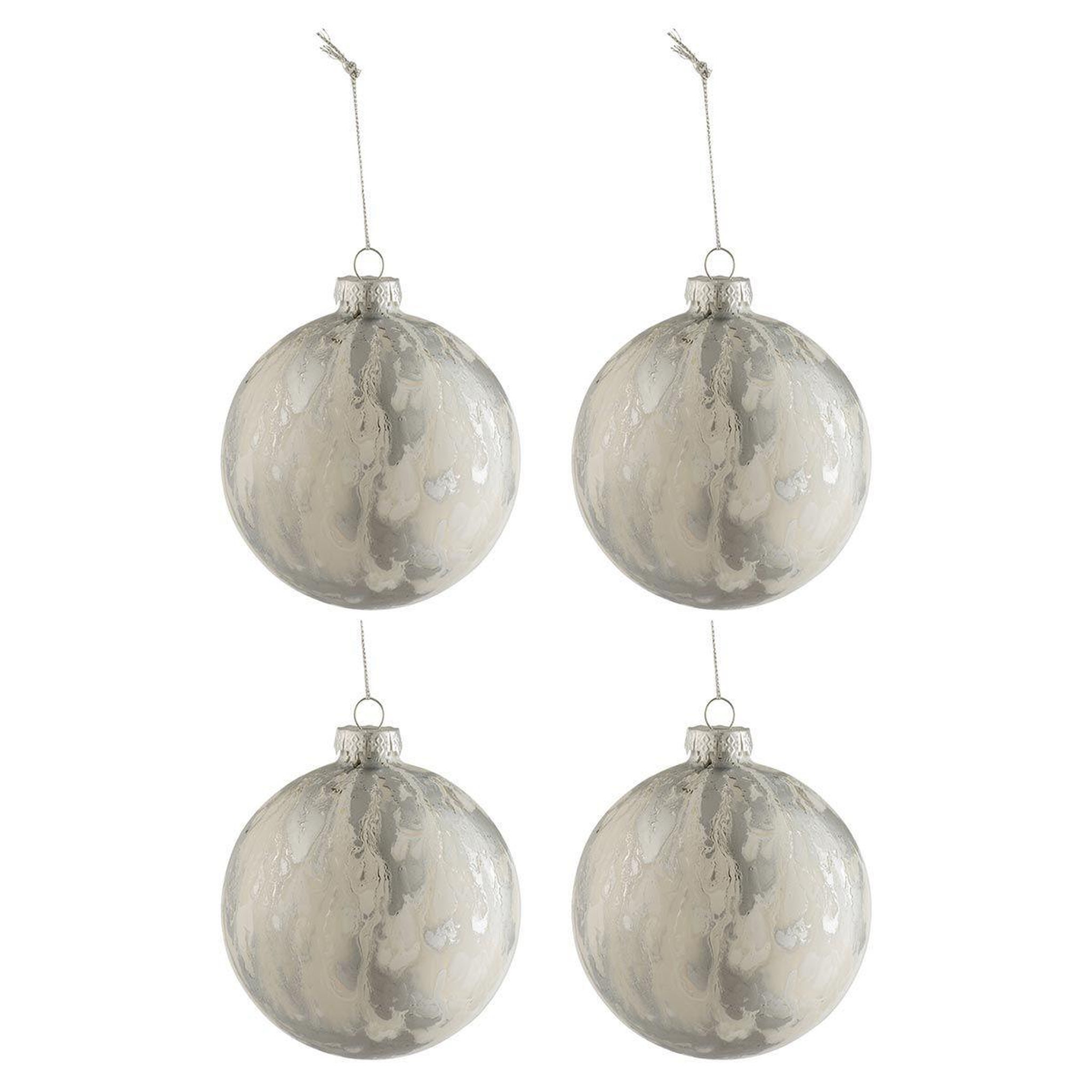 J-LINE Lot de 4 Boules de Noël  Marbre  10cm Blanc