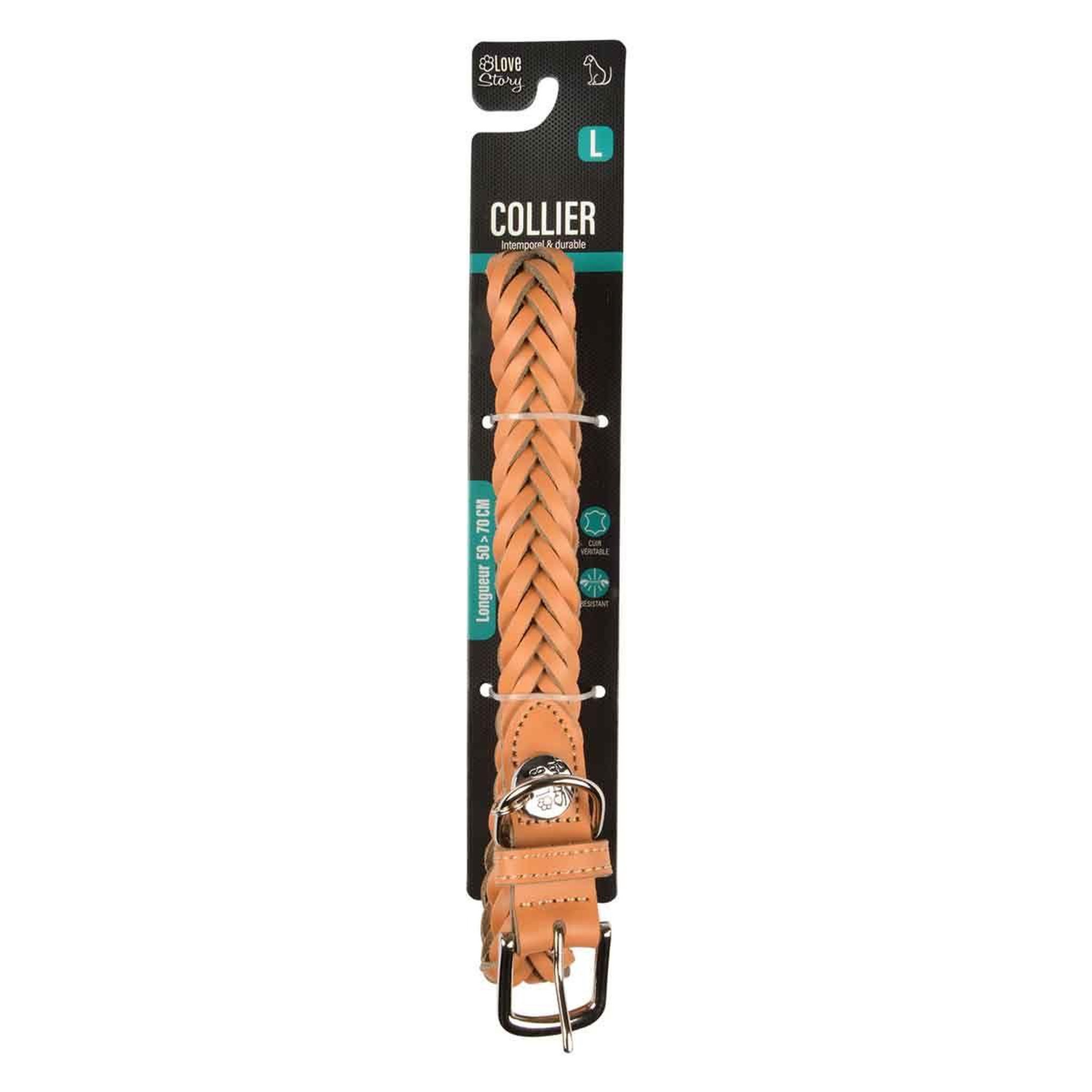 Voir la diapositive 4 : LOVE STORY Collier pour chien réglable  tressé  50-70cm naturel