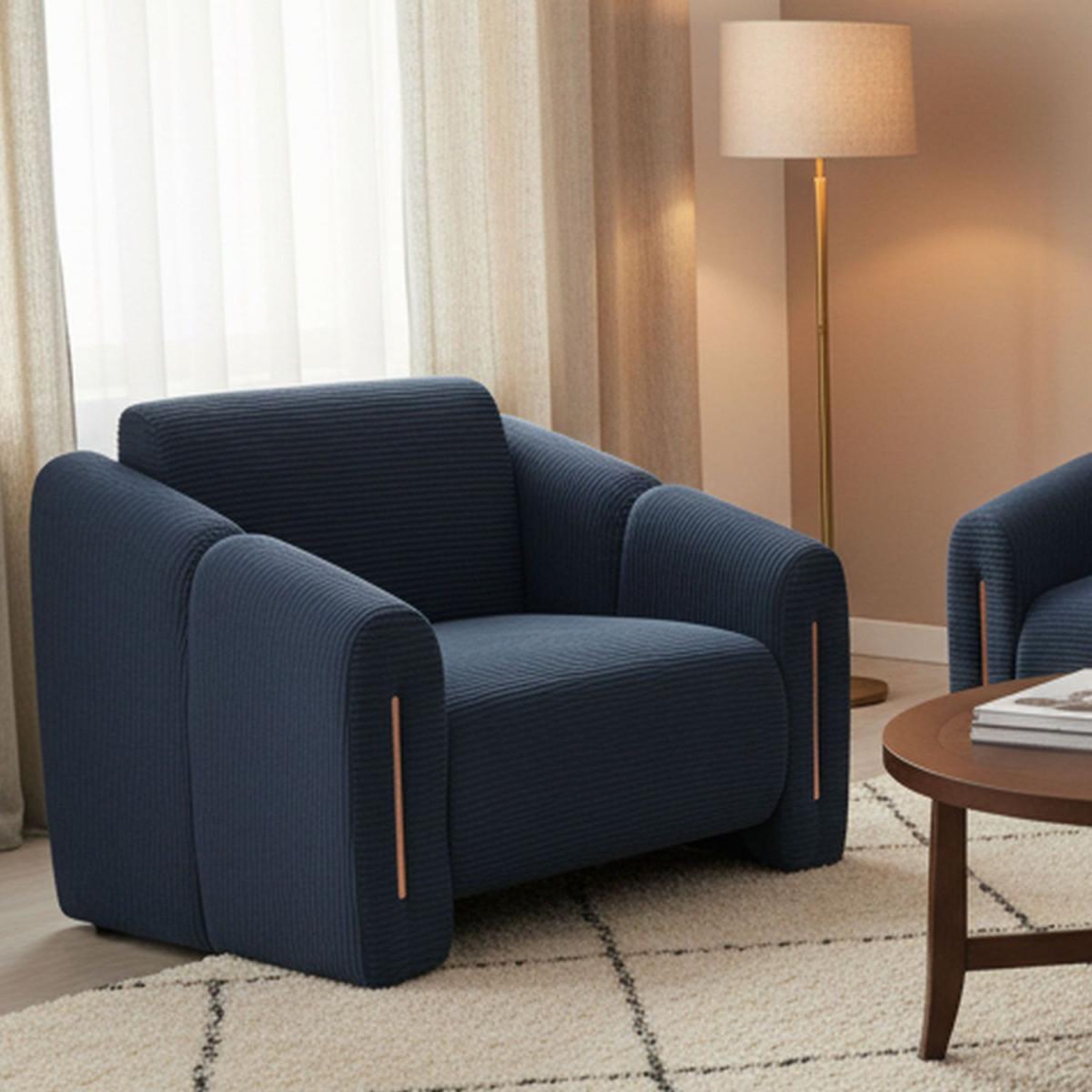 Voir la diapositive 6 : Paris Prix Fauteuil design en velours côtelé  maxine  92cm bleu foncé