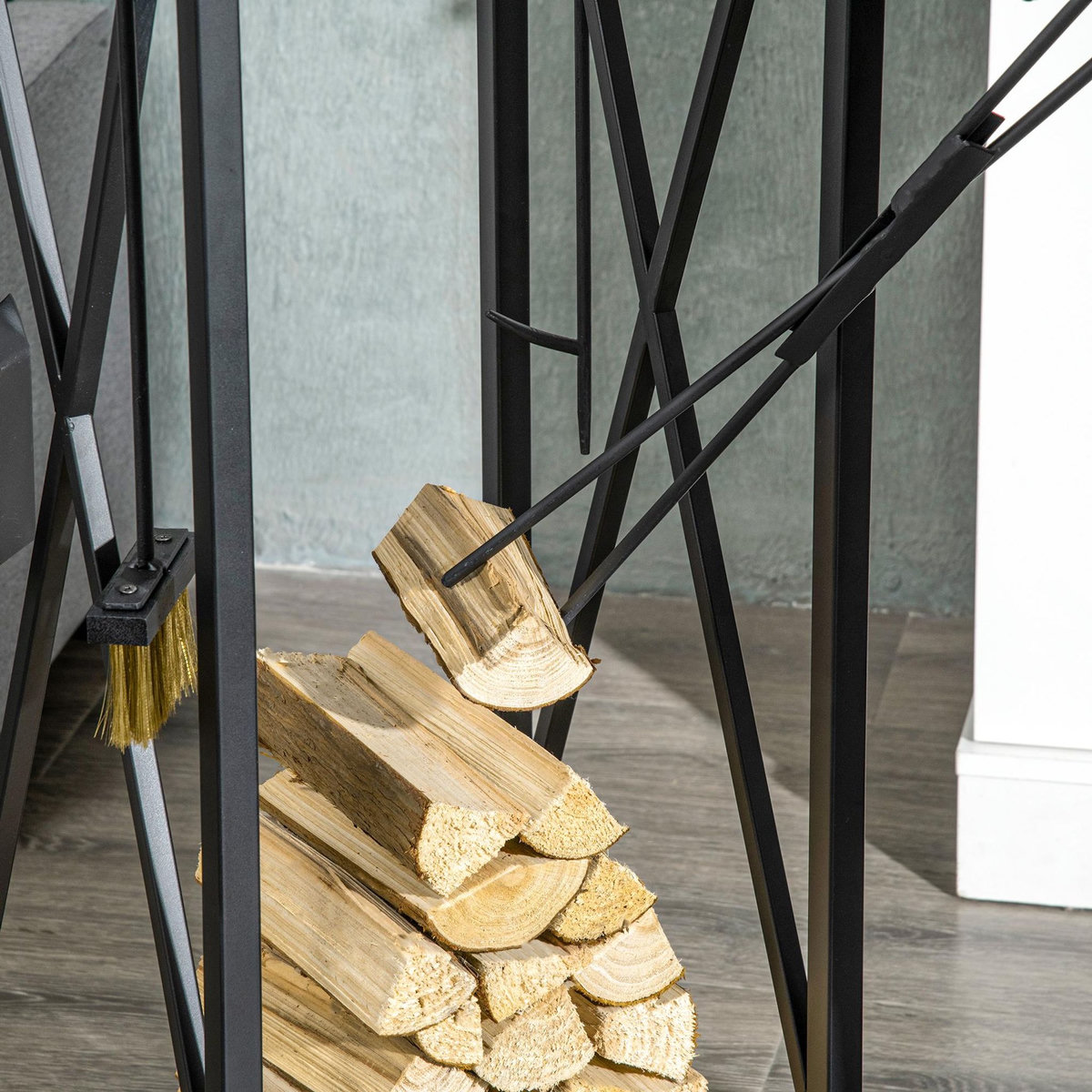 OUTSUNNY Serviteur de cheminée colonne - porte bûches - range bûches multi accessoires dim. 34L x 34l x 111H cm métal noir