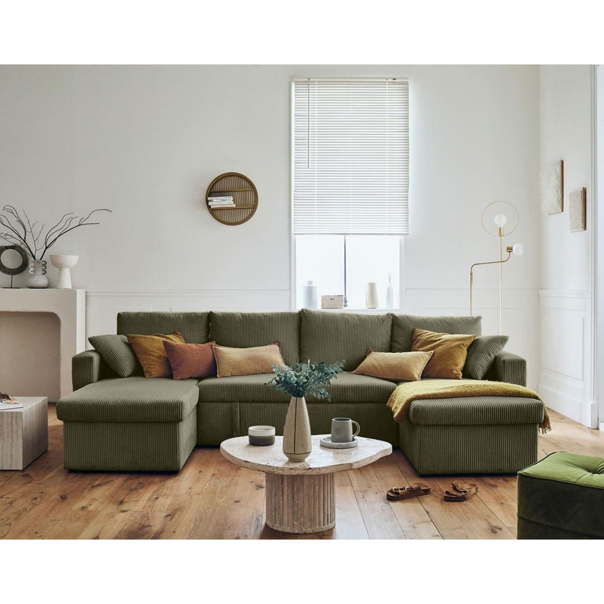 BEST MOBILIER Cyrus - canapé panoramique en u - 7 places - convertible avec coffre - en velours côtelé