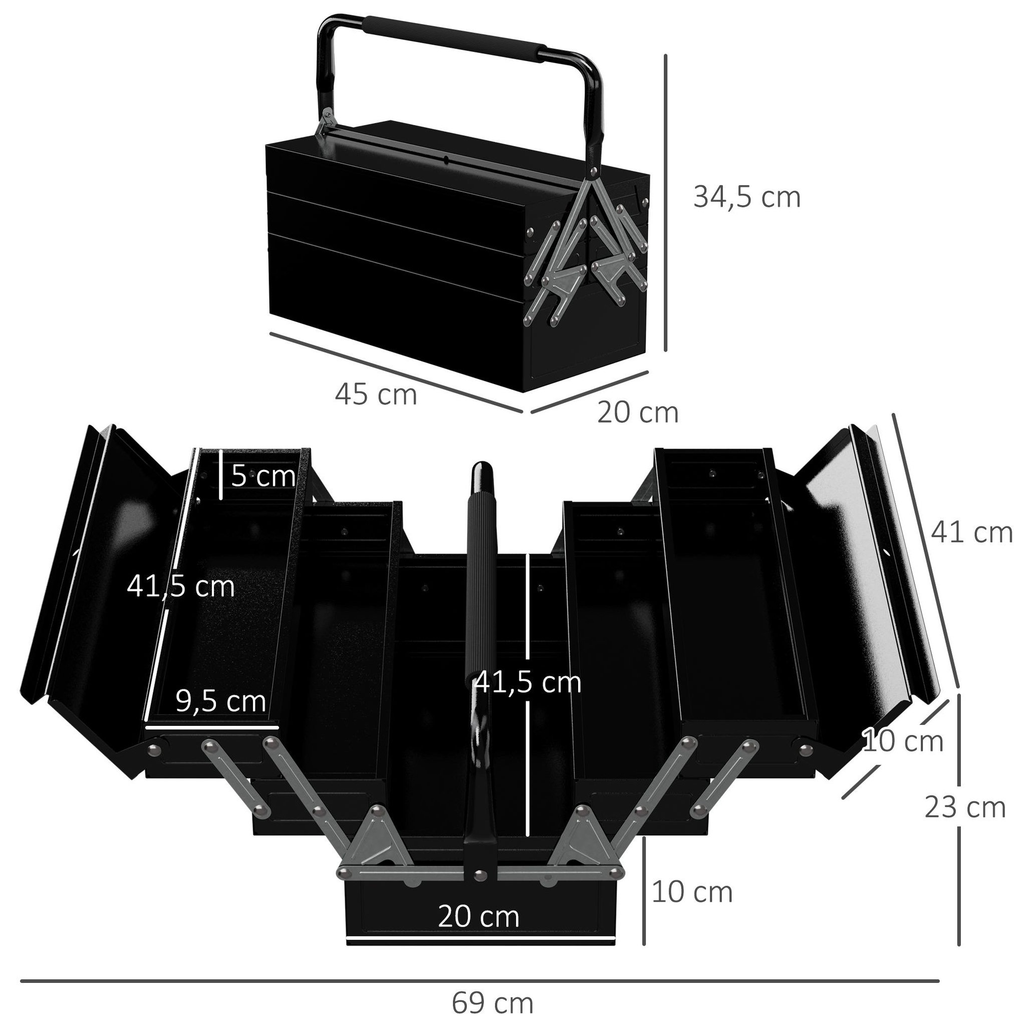 Voir la diapositive 3 : HOMCOM Boite à outils métallique - coffret à outils - caisse à outils 3 niveaux 5 plateaux rétractables - tôle acier noir