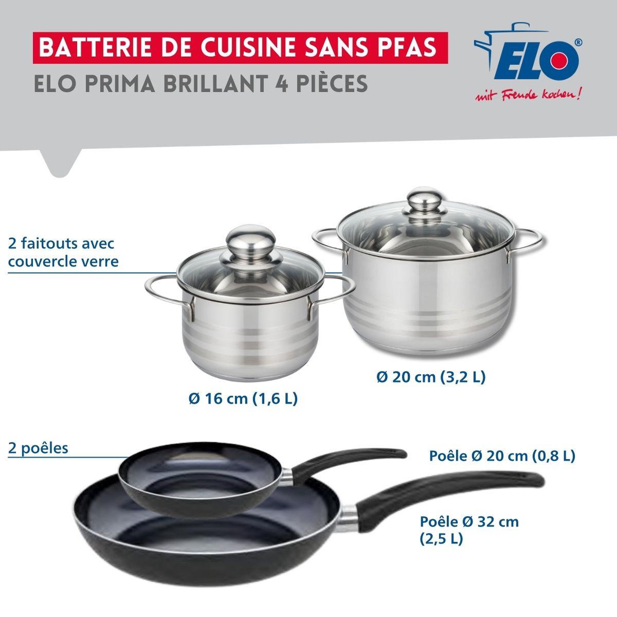 Voir la diapositive 2 : ELO Ensemble de 2 poêles de cuisson 20 et 32 cm et 2 faitouts 16 et 20 cm elo prima brillant