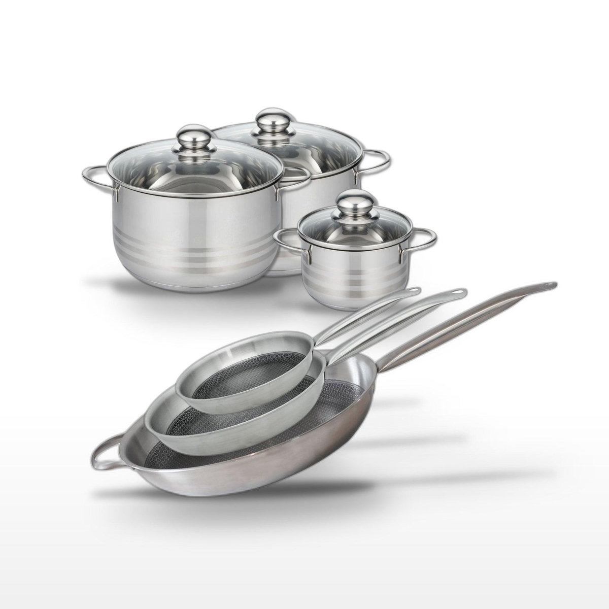 ELO Lot de 3 Poêles 24/28/32 cm Elo Relief Solution et 3 Faitouts 14/20/24 cm