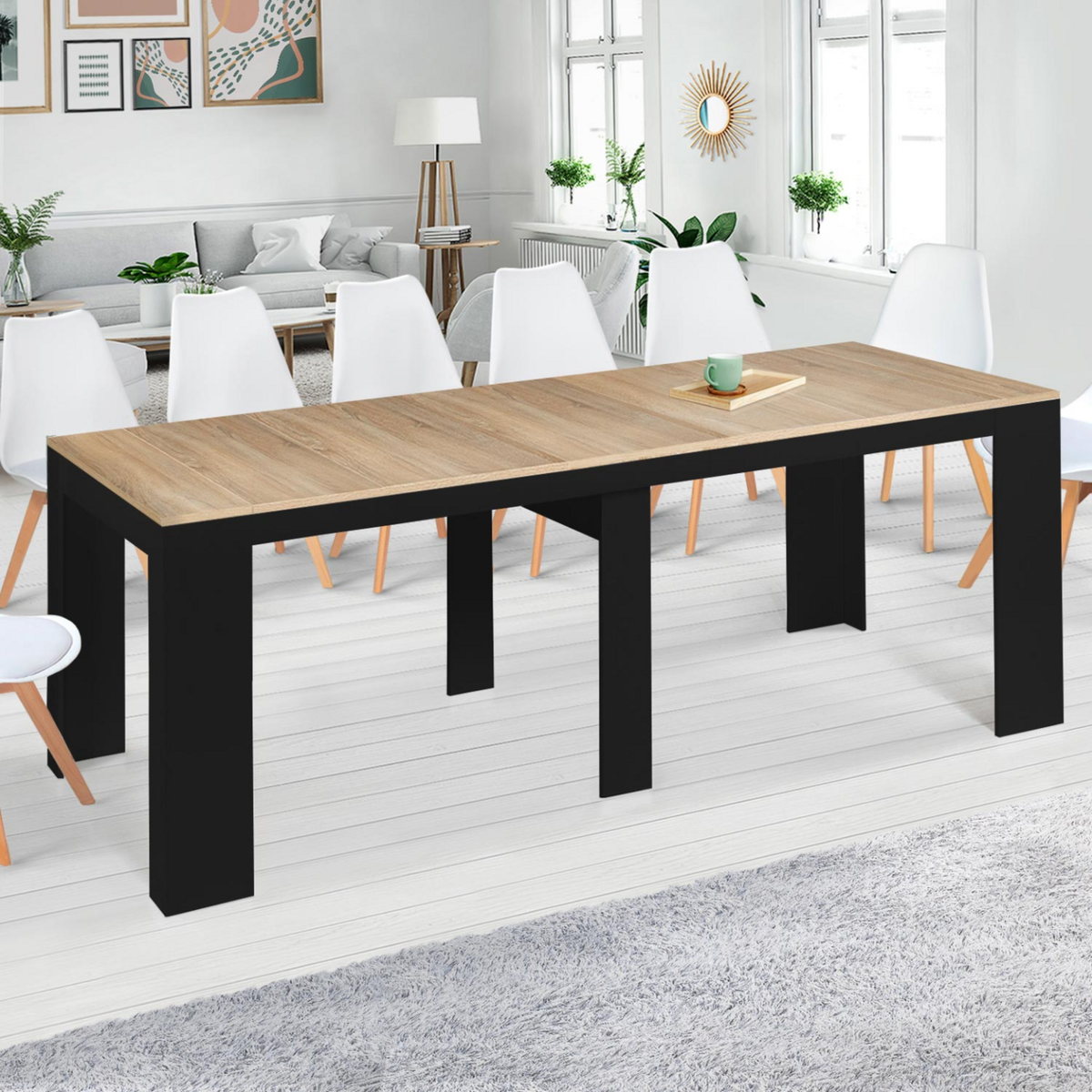 ID MARKET Table console extensible ORLANDO 14 personnes 300 cm bois noir et façon hêtre