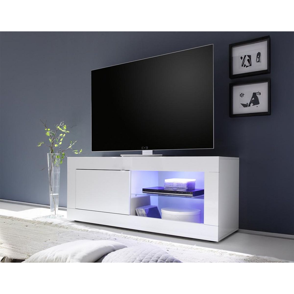 BEST MOBILIER Milo - meuble tv - blanc - 2 niches et 1 porte - 140 cm