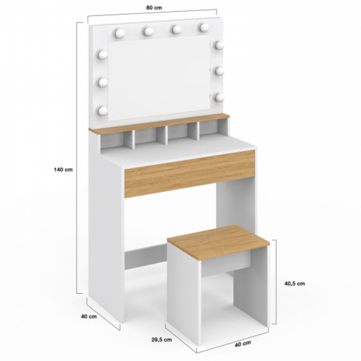 ID MARKET Coiffeuse ZELIA blanc et hêtre miroir LED avec 4 niches, 1 tiroir et tabouret