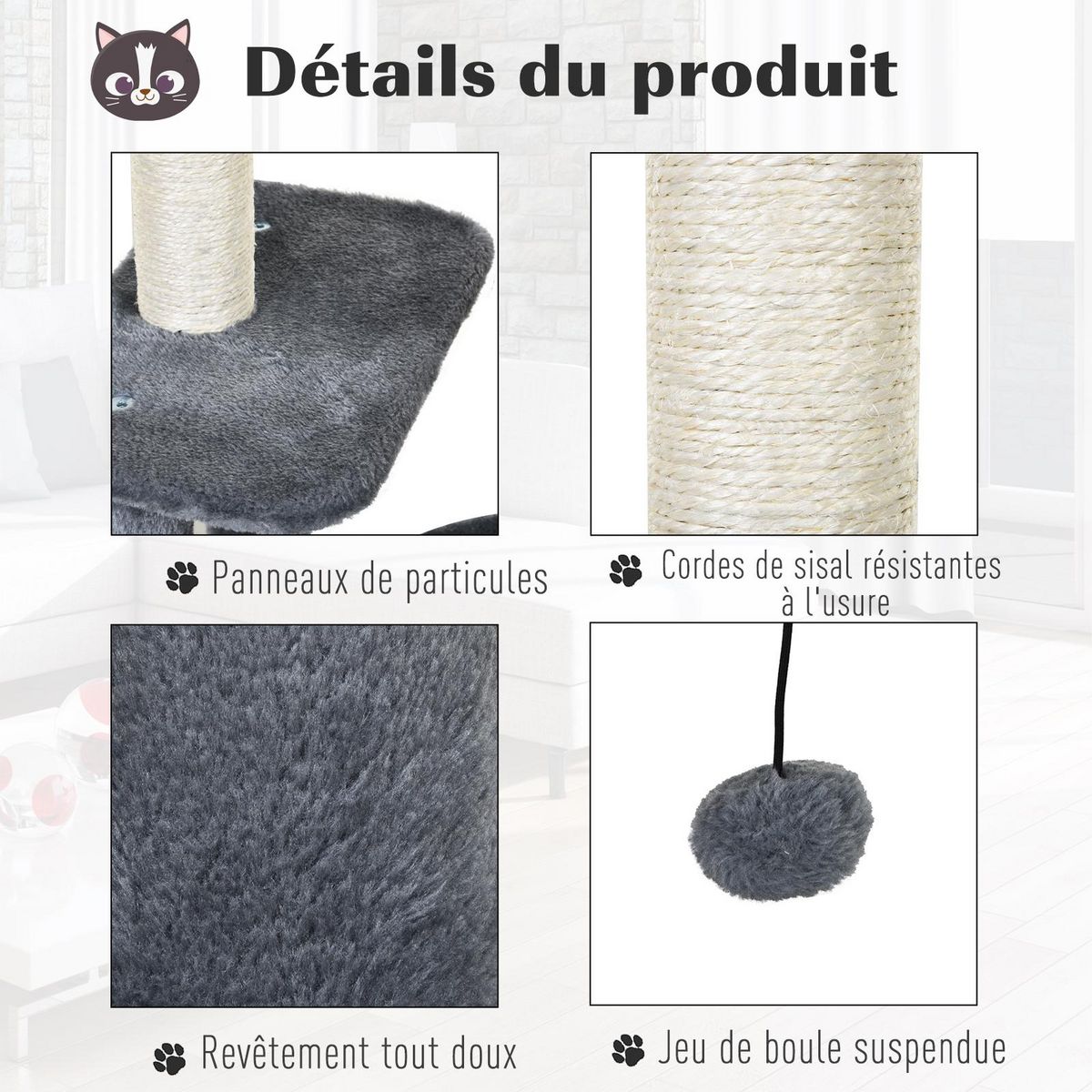 PAWHUT Arbre à chats avec griffoirs grattoirs sisal naturel centre d'activités niche plateformes 2 jouets suspendus gris