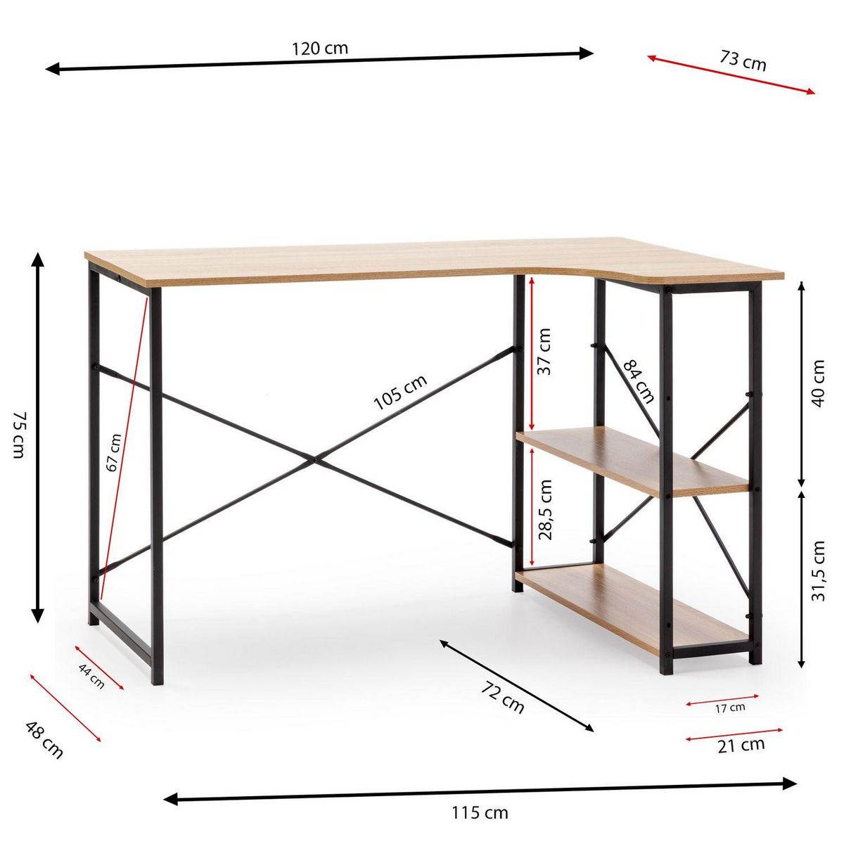 VS VENTA-STOCK Bureau Juani noir, 2 étagères, style industriel, 120 cm longueur