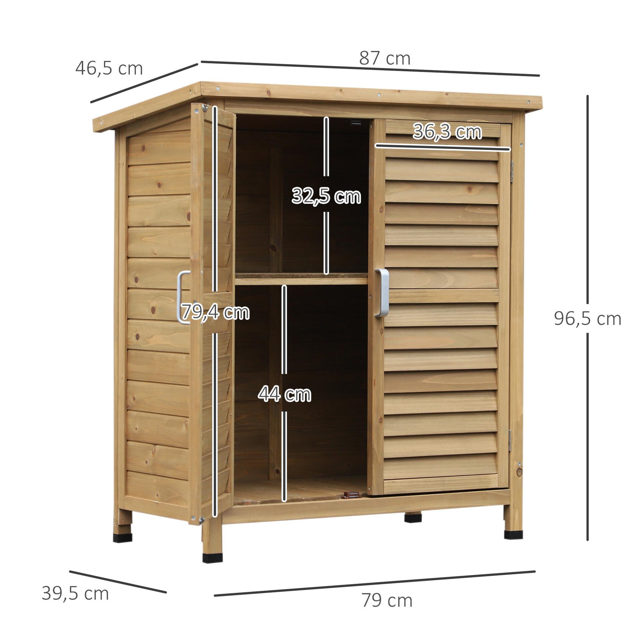 Voir la diapositive 3 : OUTSUNNY Armoire de jardin abri jardin remise pour outils sur pied dim. 87L x 46l x 96H cm étagère portes persiennes toit bitumé bois sapin autoclave vert