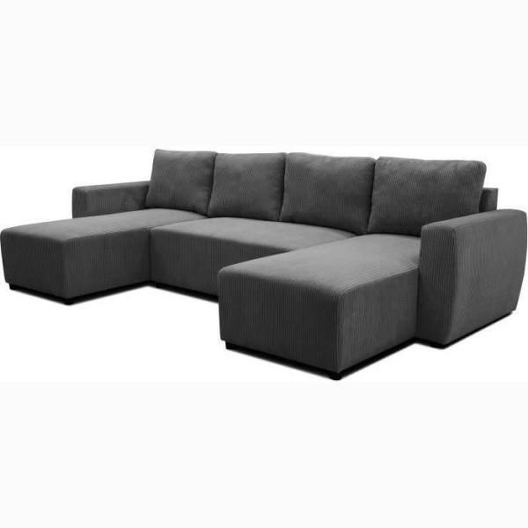 Voir la diapositive 4 : MARKET24 Canapé d'angle convertible panoramique PHARELL 5/6 places - Tissu velours côtelé anthracite - Coffre de rangement - L297xP155
