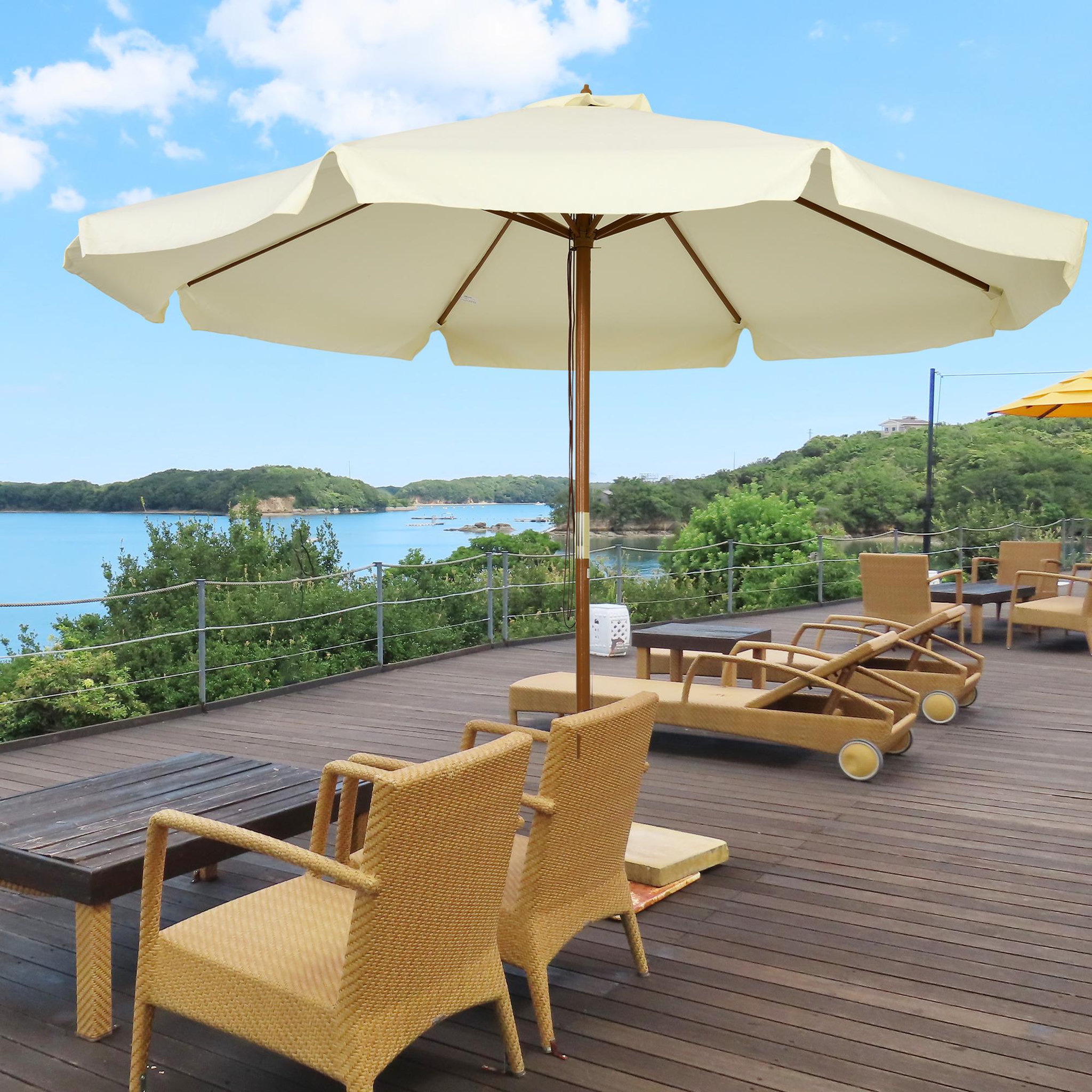 Voir la diapositive 2 : OUTSUNNY Parasol droit rond grande taille de jardin Ø 3,25 x 2,5H m bois de bambou polyester beige