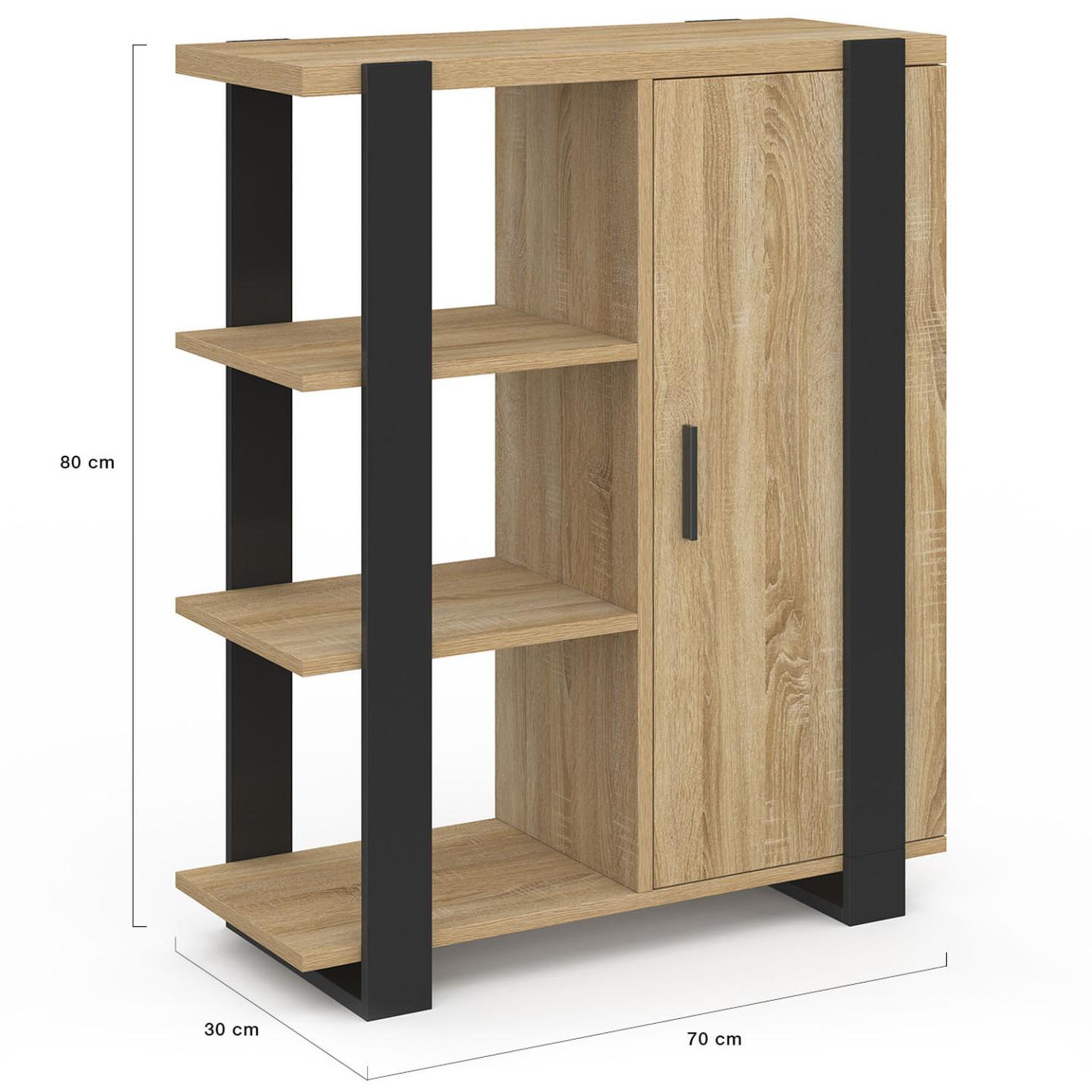 Voir la diapositive 6 : ID MARKET Buffet d'appoint 3 étagères et placard 70 cm phoenix bois et noir