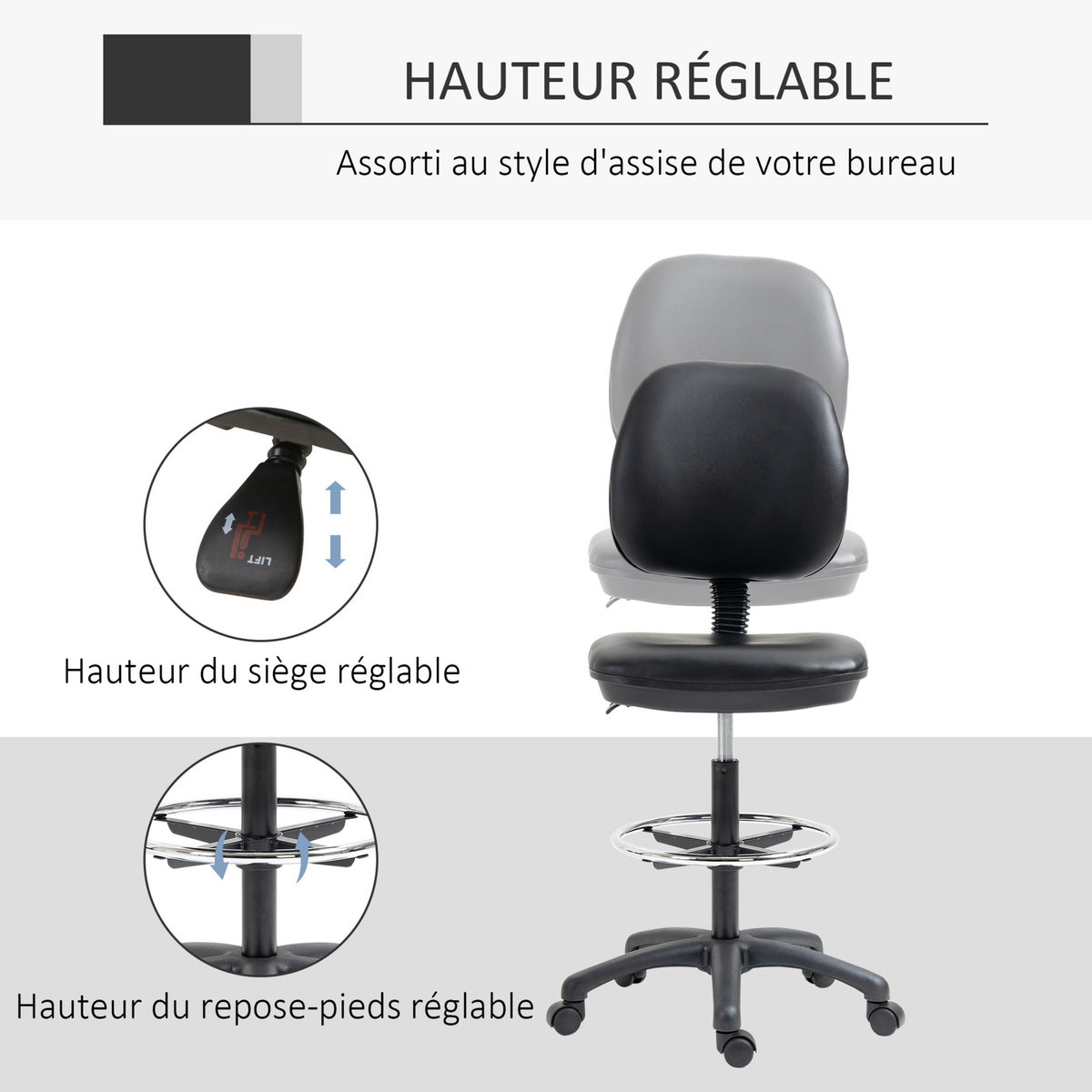 HOMCOM Tabouret à roulettes réglable en hauteur 69-91 cm avec dossier inclinable et repose-pieds réglable
