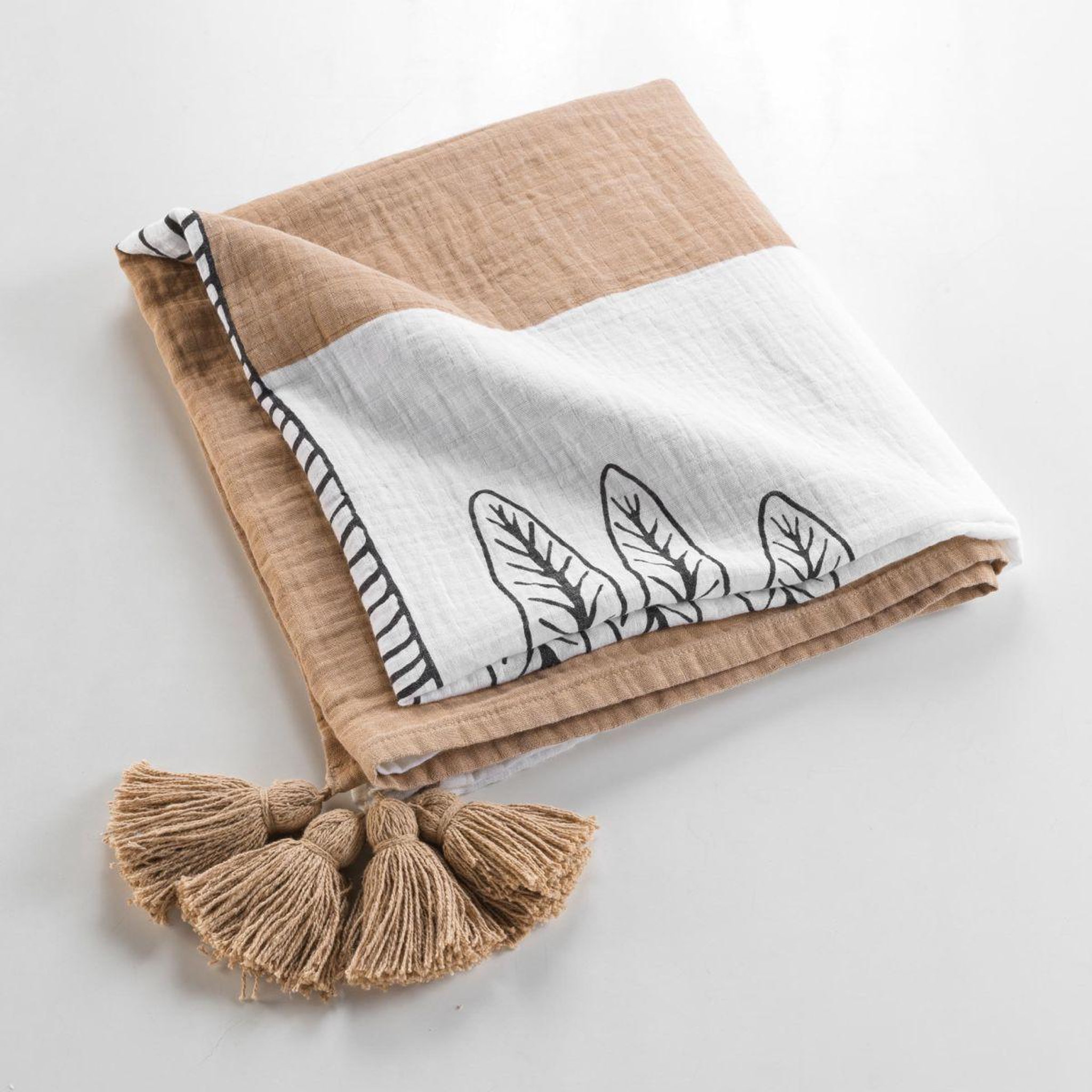 Voir la diapositive 3 : Douceur d'Intérieur Plaid imprimé en gaze de coton  oasia  125x150cm blanc & camel