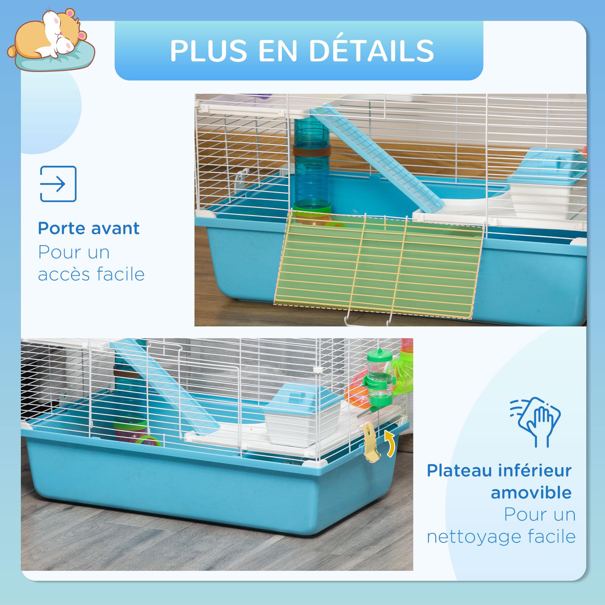 Voir la diapositive 6 : PAWHUT Cage à hamsters 3 niveaux - tunnel, abreuvoir, roue, maisonnette, échelles - dim. 59L x 36l x 47H cm - métal PP bleu blanc