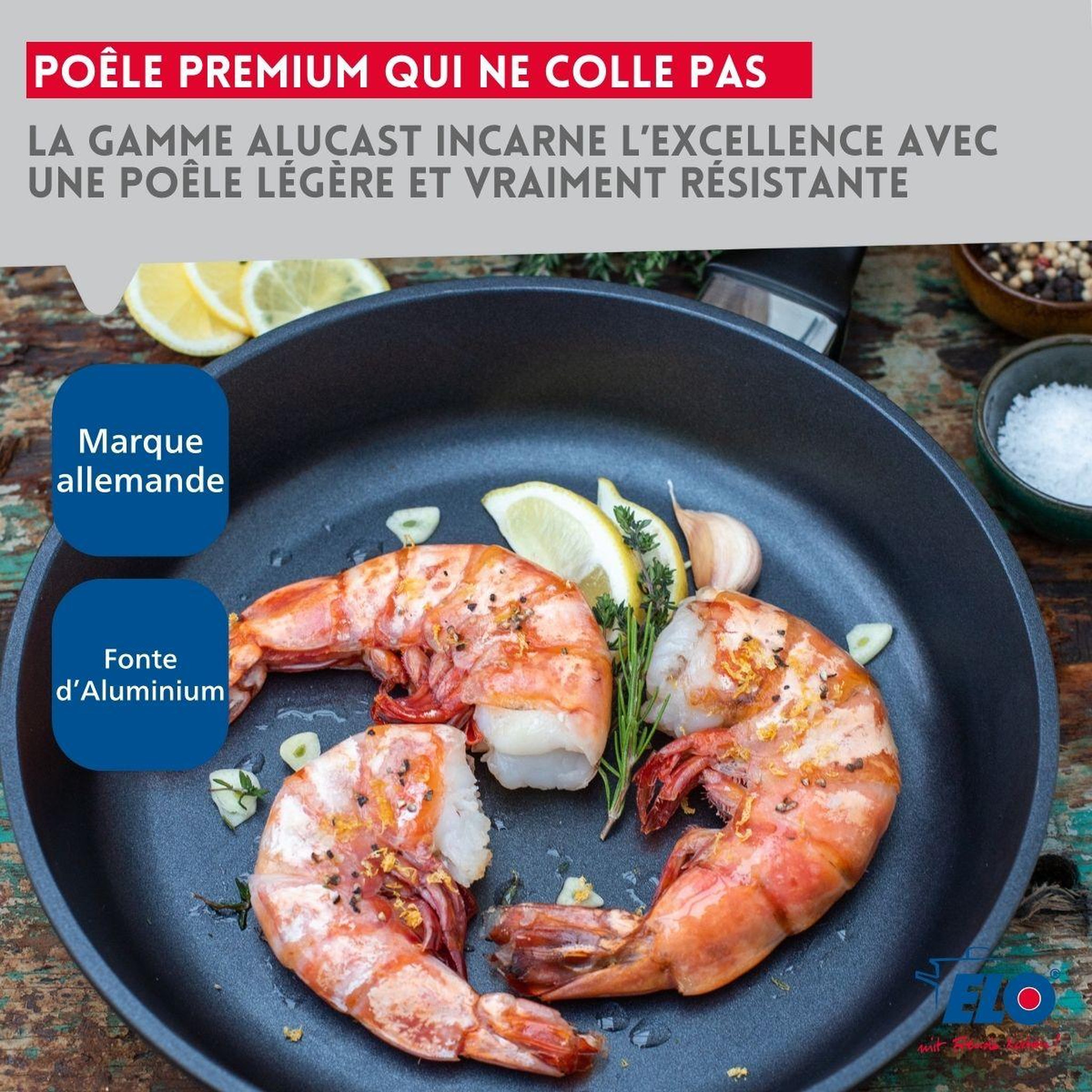 Voir la diapositive 5 : ELO Set de 3 poêles 20, 24 et 28 cm et 3 couvercles sans pfas elo alucast