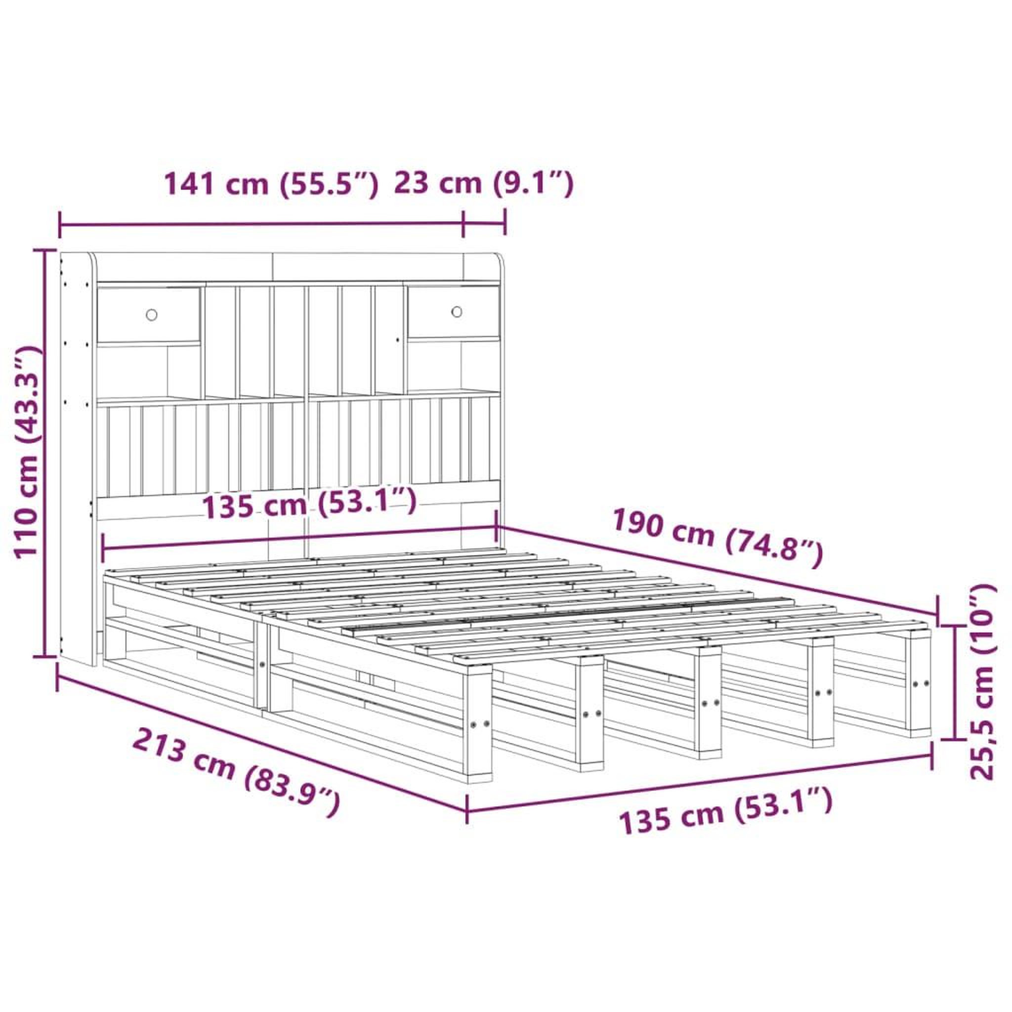 Voir la diapositive 6 : VIDAXL Lit bibliotheque sans matelas blanc 135x190 cm bois pin massif