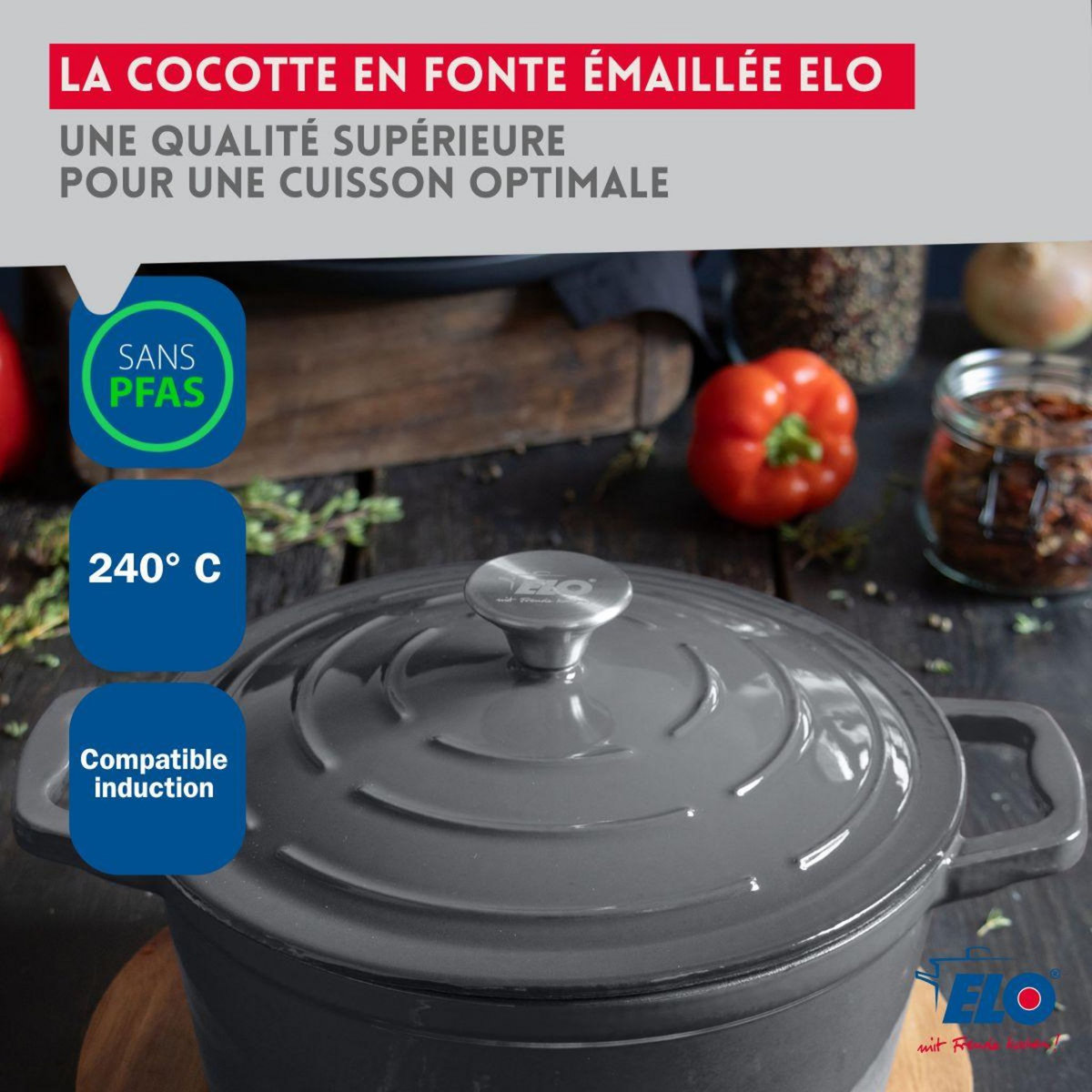 ELO Cocotte en fonte émaillée basse gris classique 28 cm 2,8 L Elo