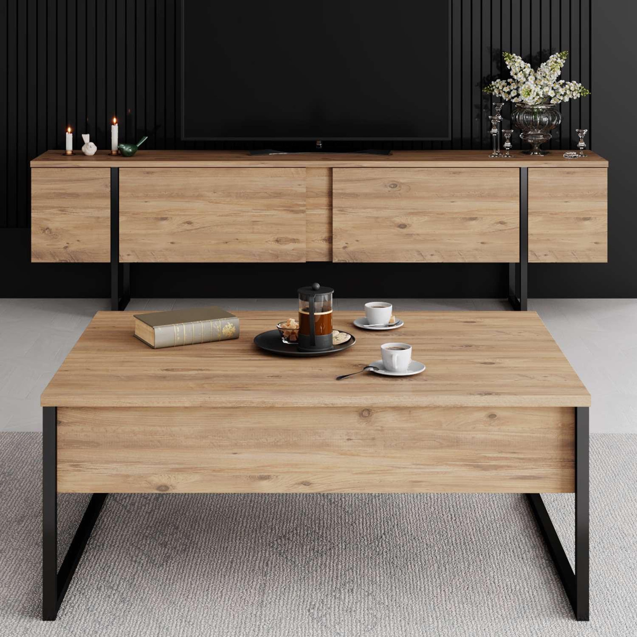 Voir la diapositive 4 : Habitat et Jardin Meuble tv en bois  luxe  - 180 x 30 x 50 cm - marron