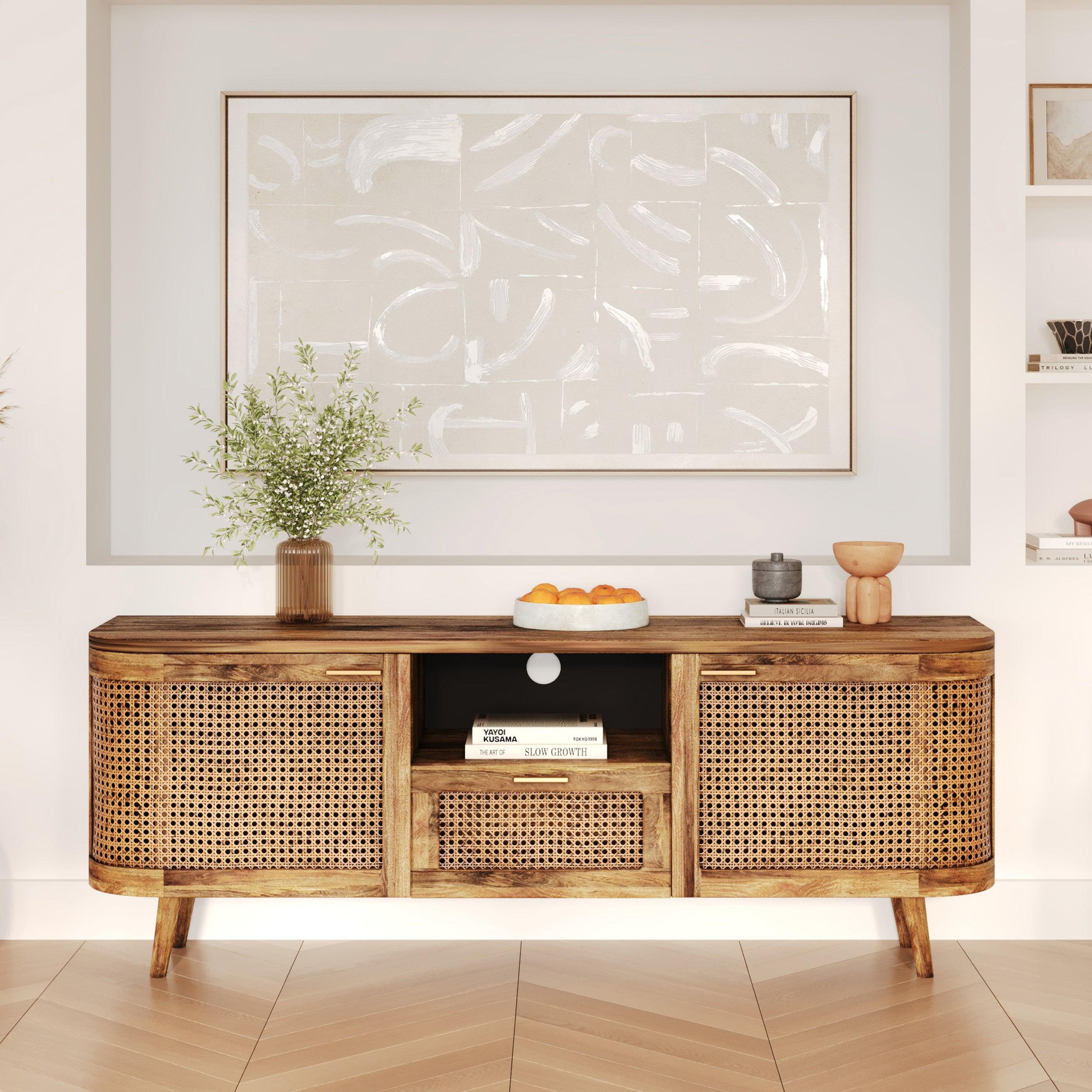 Voir la diapositive 2 : MAISON PAVANE Meuble tv en bois de manguier et cannage 145 cm-wava