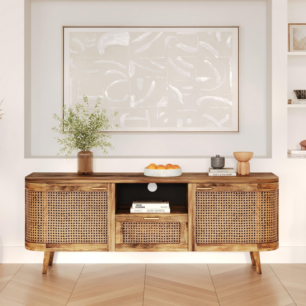 Rendez vous déco Meuble TV en bois de manguier et cannage 145 cm-Wava