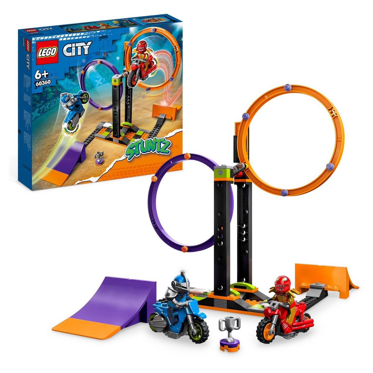 LEGO City 60360 - Le défi de cascade : les cercles rotatifs,  Épreuves pour 1 ou 2 Joueurs avec Moto