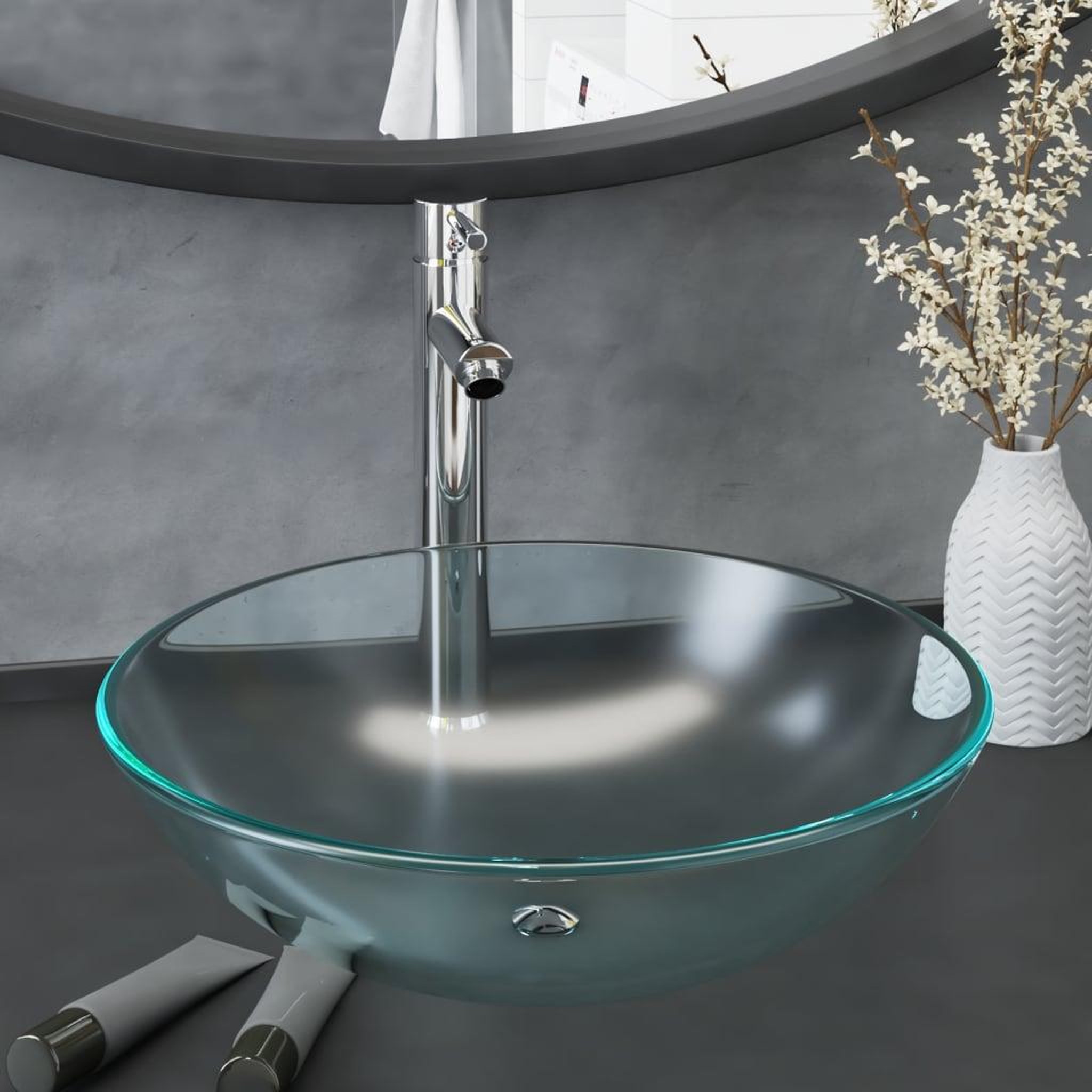 VIDAXL Lavabo de bain avec robinet et drain a poussoir Verre trempe