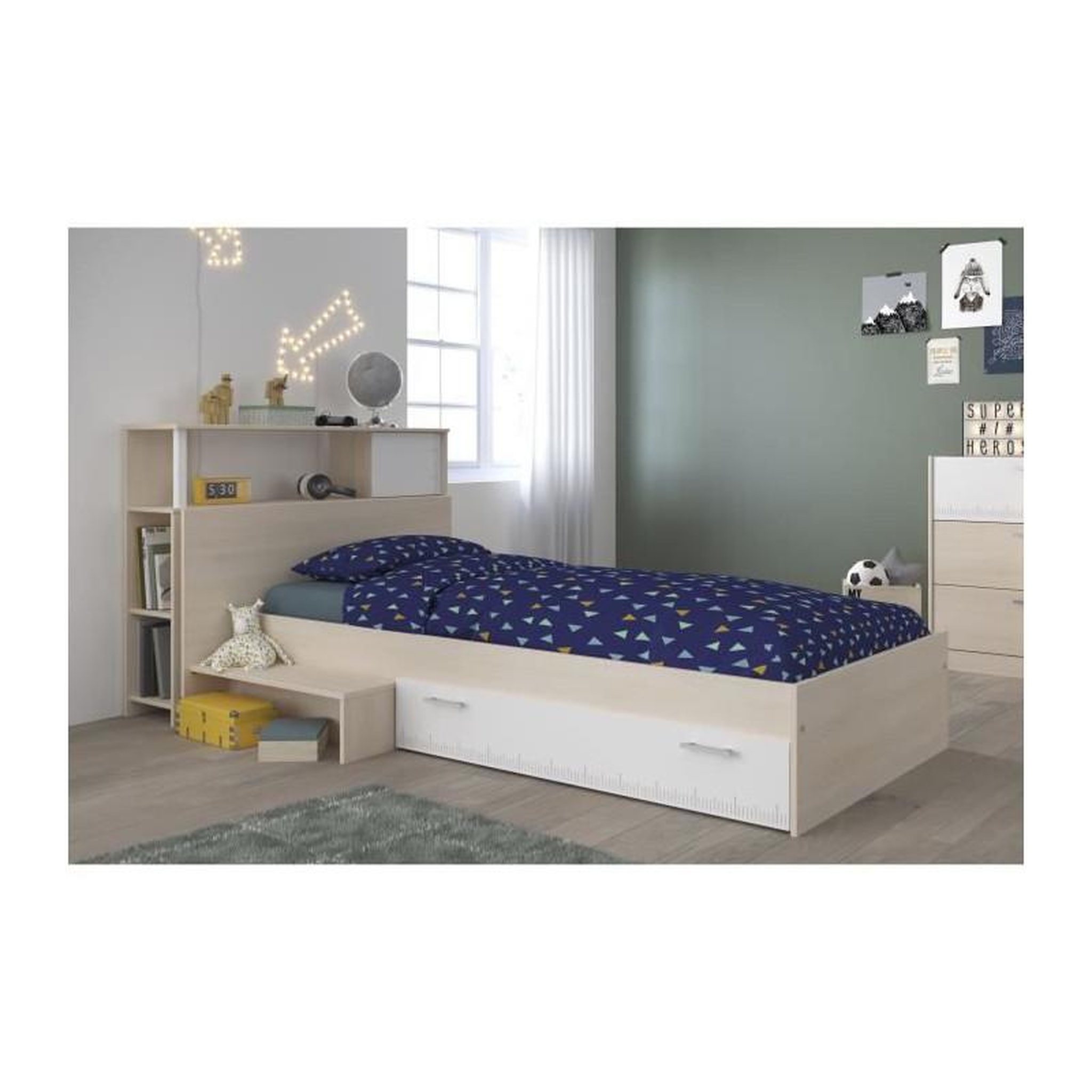 PARISOT PARISOT Ensemble lit + tete de lit avec rangement - Style contemporain - Decor acacia clair et blanc - CHARLEMAGNE