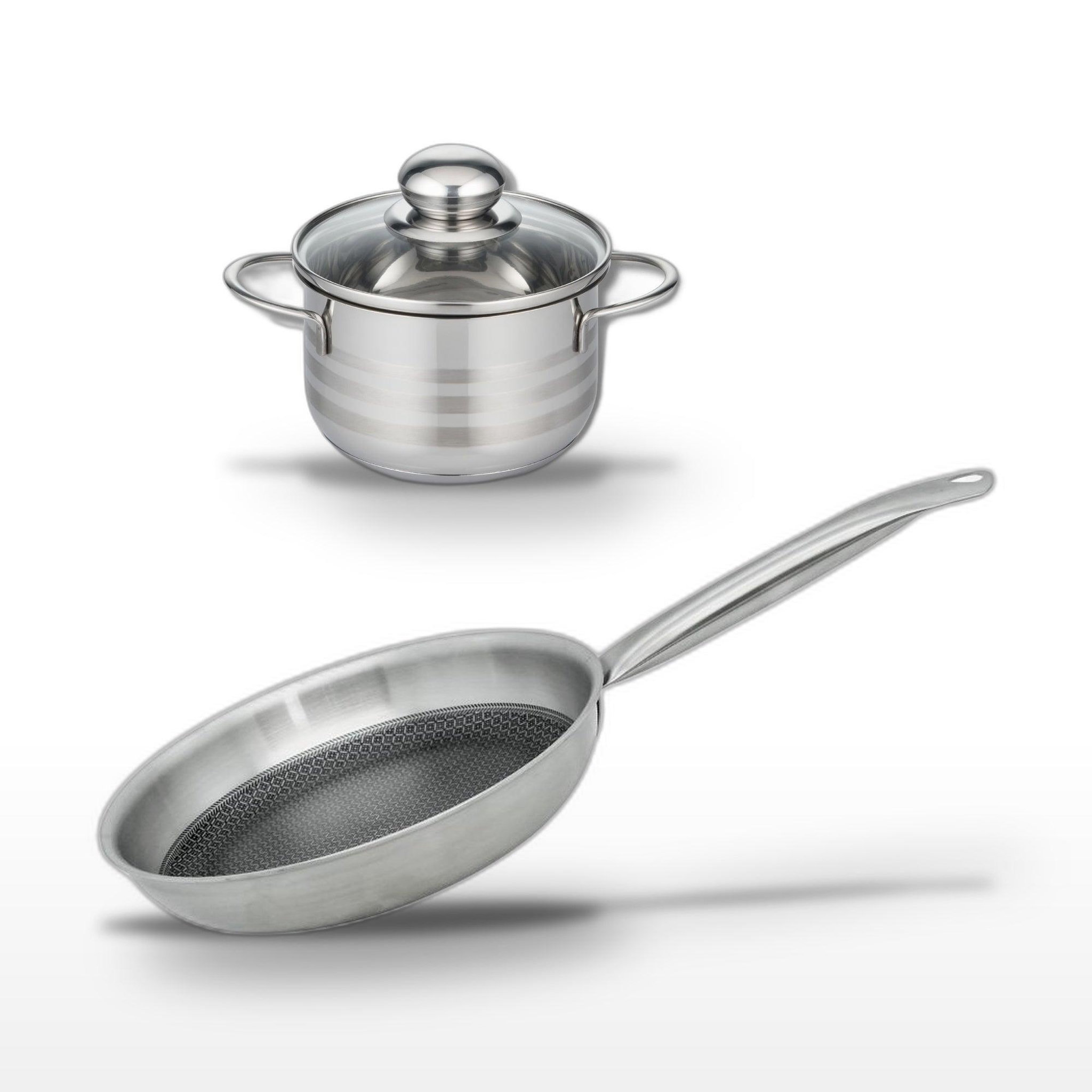 ELO Batterie de cuisine avec 1 poêle de cuisson 24 cm et 1 faitout 12 cm en inox sans pfas elo collection relief solution brillant