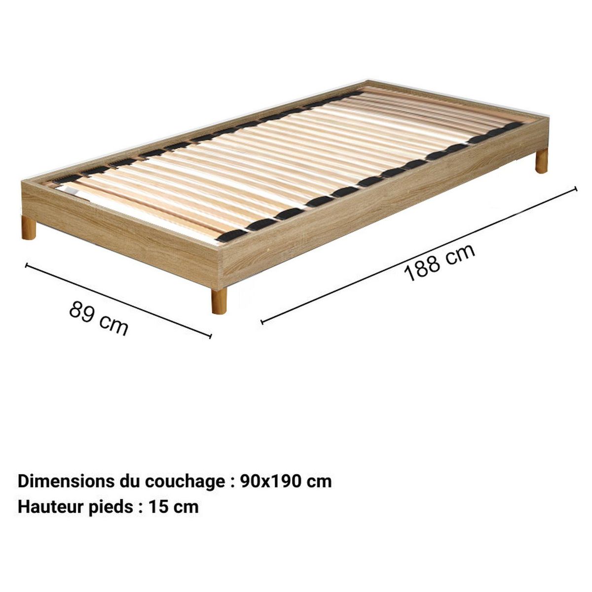 Sommier cadre à lattes sur pieds 90x190 cm 26 lattes  ASCQ