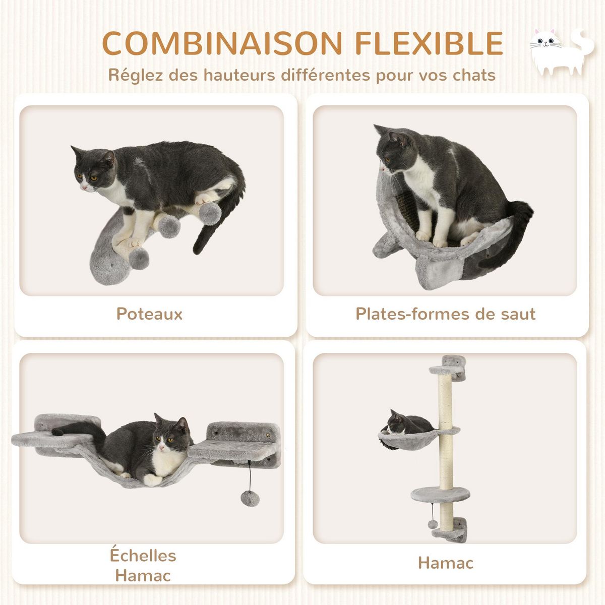 PAWHUT Mur d'escalade pour chat avec hamac passerelle planche à gratter et balles peluche sisal gris
