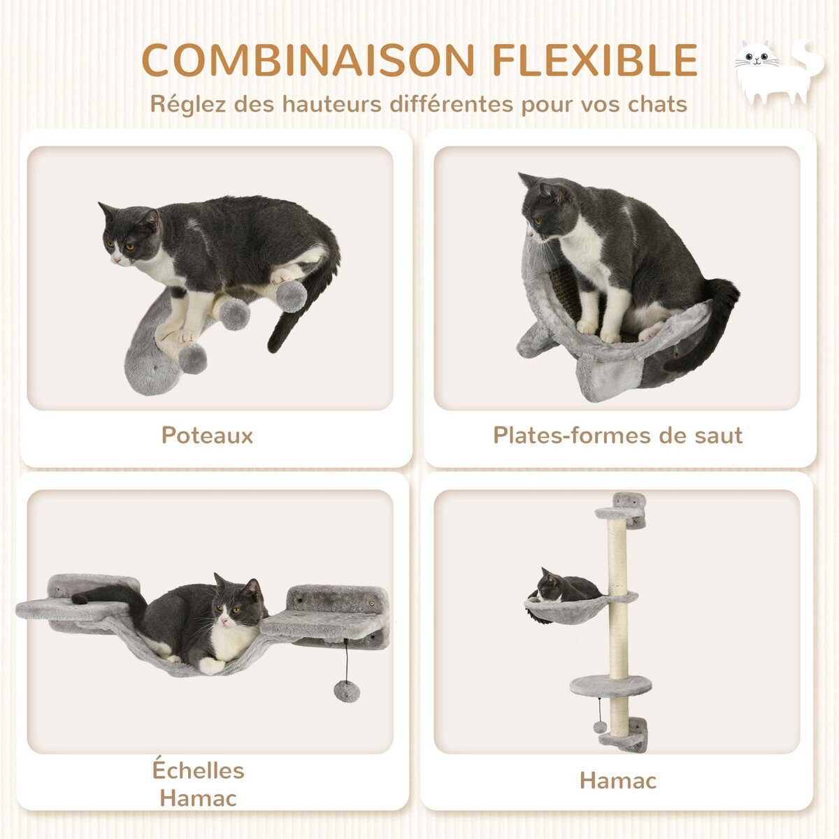 PAWHUT Mur d'escalade pour chat avec hamac passerelle planche à gratter et balles peluche sisal gris
