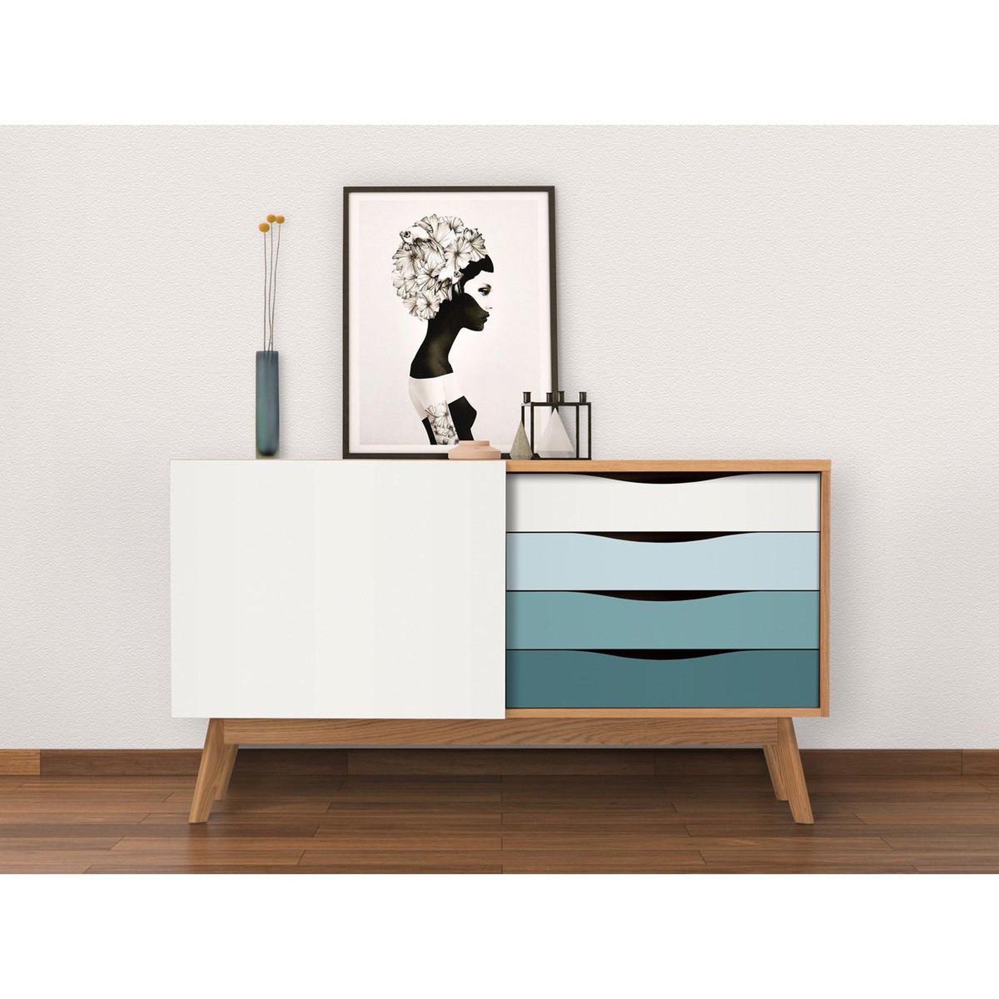 Voir la diapositive 5 : Paris Prix Buffet 4 tiroirs & 1 porte  avon  128cm chêne & turquoise