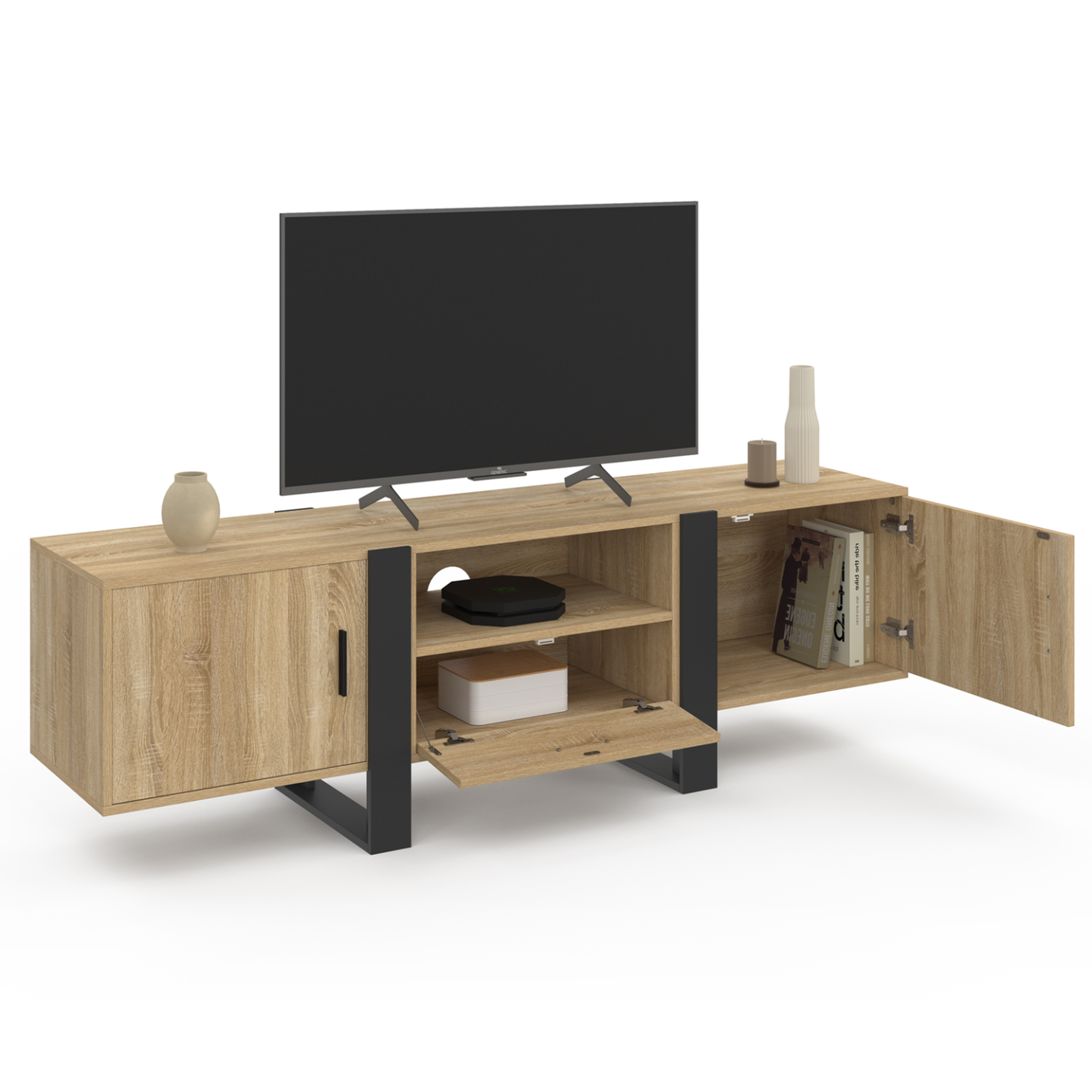 Voir la diapositive 4 : ID MARKET Meuble tv 160 cm phoenix avec rangements bois et noir